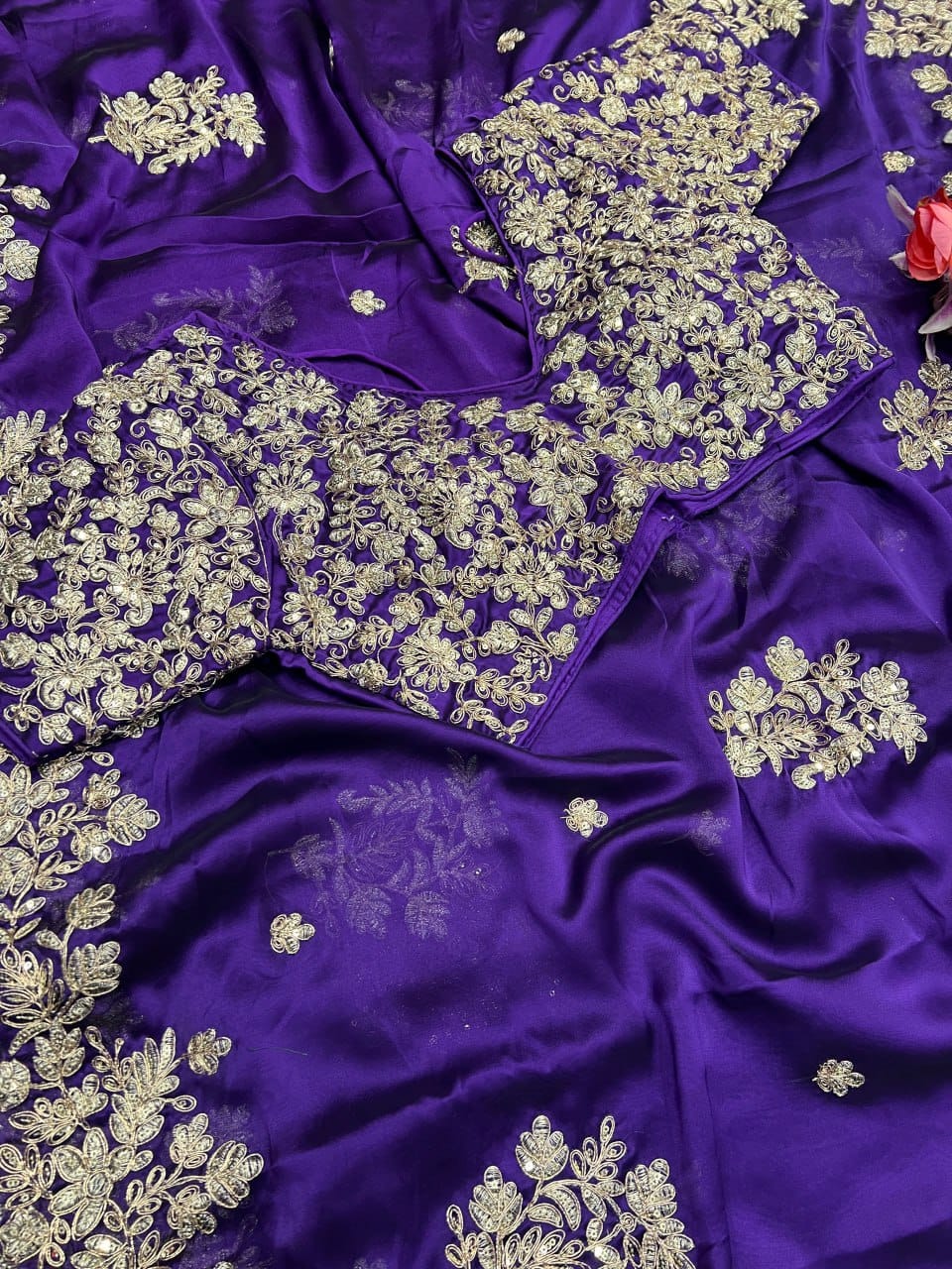 Suvesha Designer Saree With Heavy Embroidery Work & Ready To Wear Blouse - Dark Purple