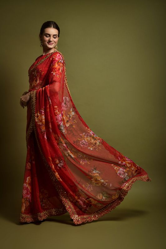 Aastha Red Heavy soft Chiffon Heavy Mono Banglori beautiful floral Print Work