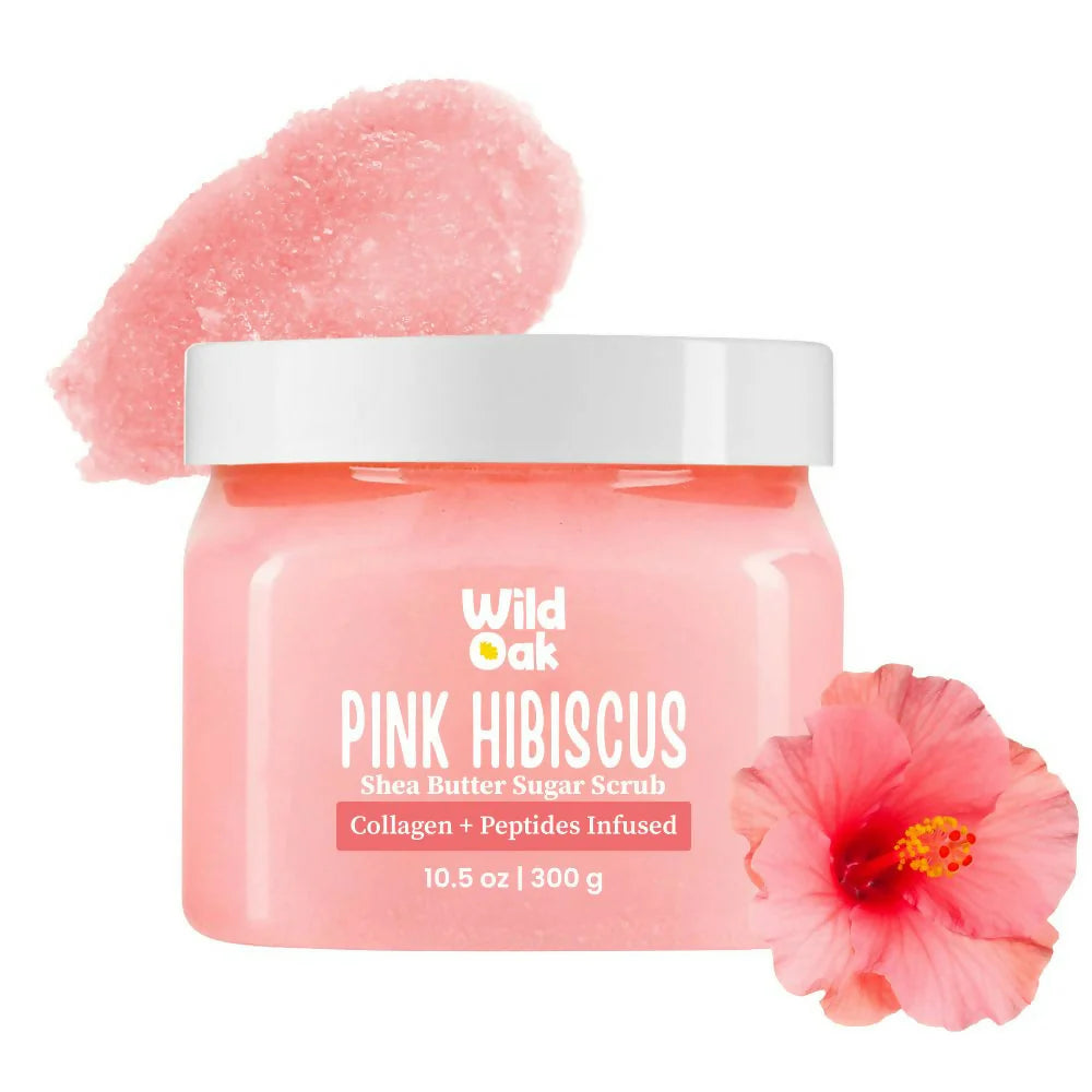 WildOak Pink Hibiscus Shea Butter Sugar Scrub | 300gm | With Ascorbic Acid, Vegan Collagen & Peptides | Tan Removal & Smooth Skin | Removes Dead Skin | Ultra Hydrating, Exfoliating & Moisturising Sugar Body Scrub