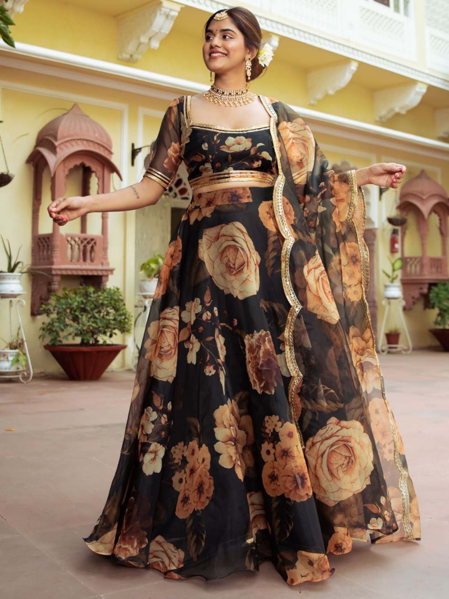 Aastha fashion Black Organza lehanga blouse fabric Floral Digital Print with Embroidery Work