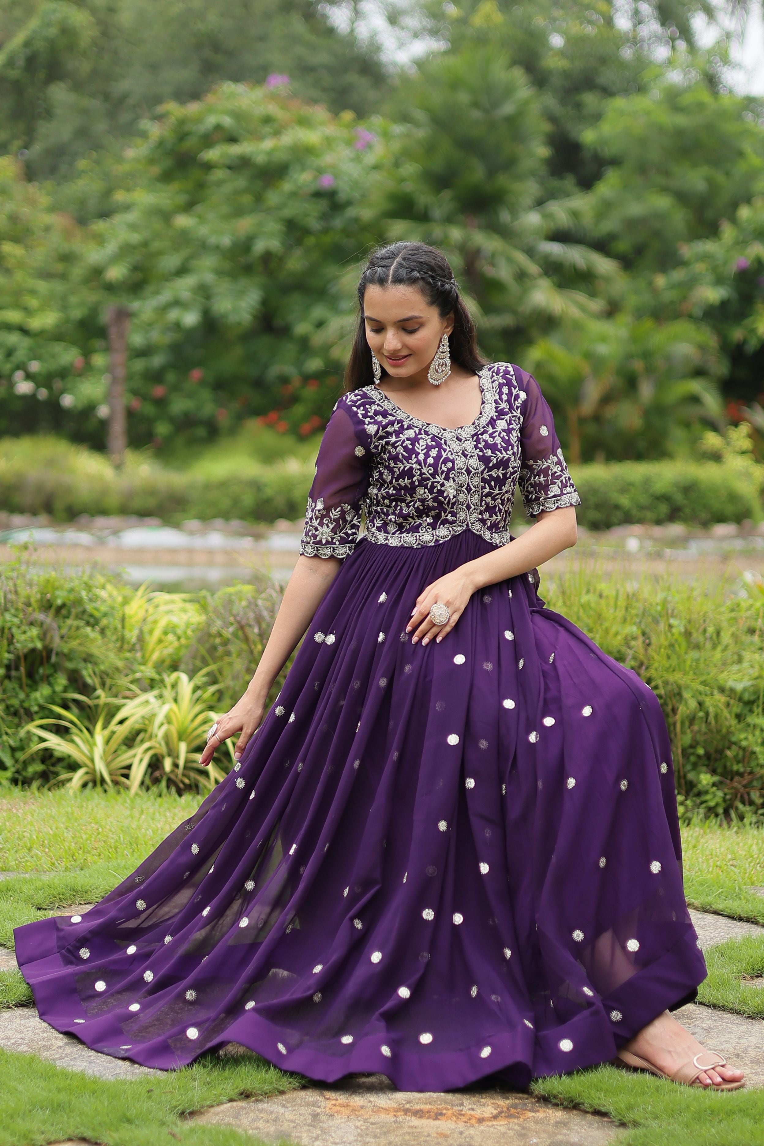 Aastha Purple Faux Blooming with Gown Embroidery Zari Sequins-work