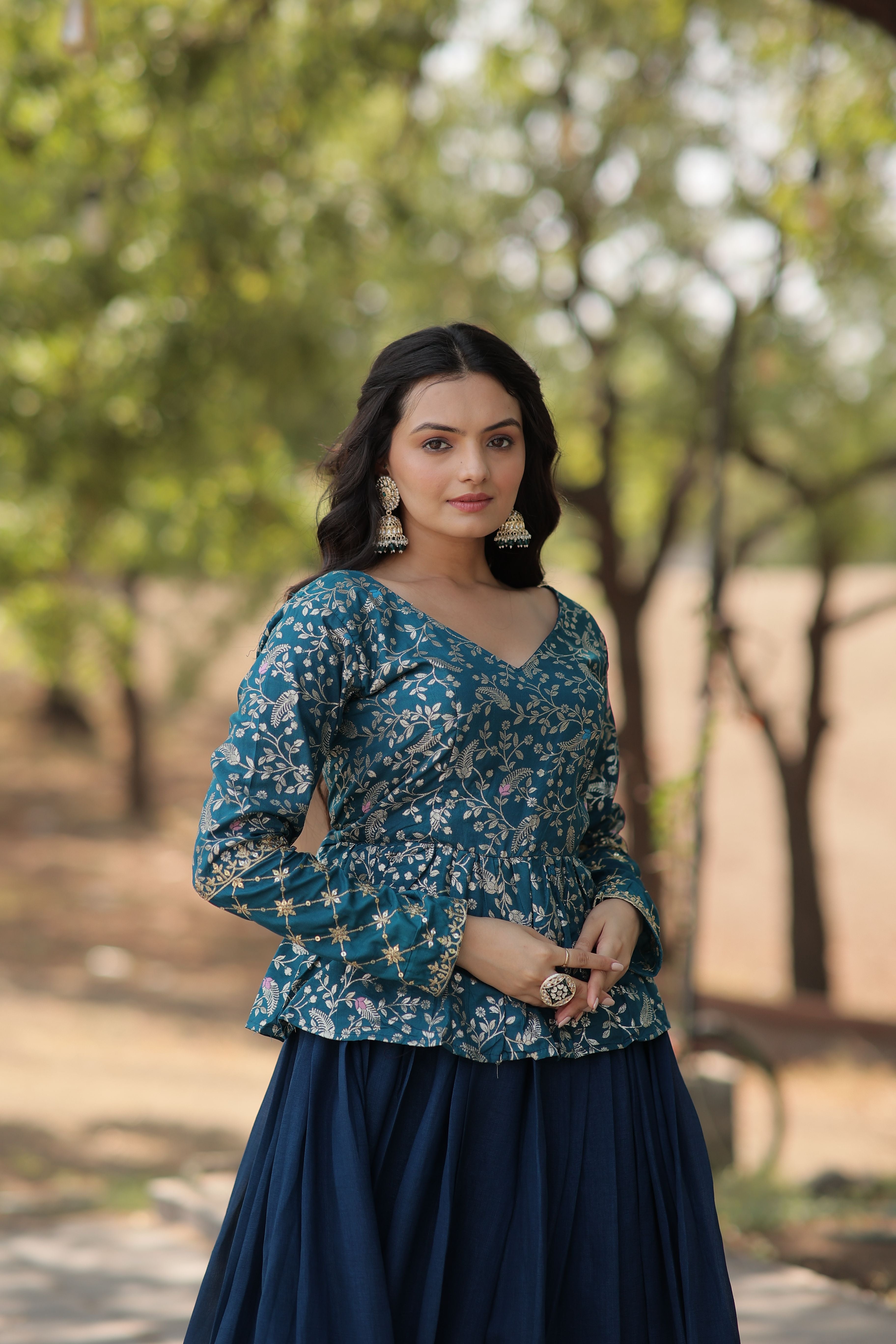 Aastha fashion Rama Shimmer Vichitra Lehenga Viscose Jacquard blouse fabric embroidery work