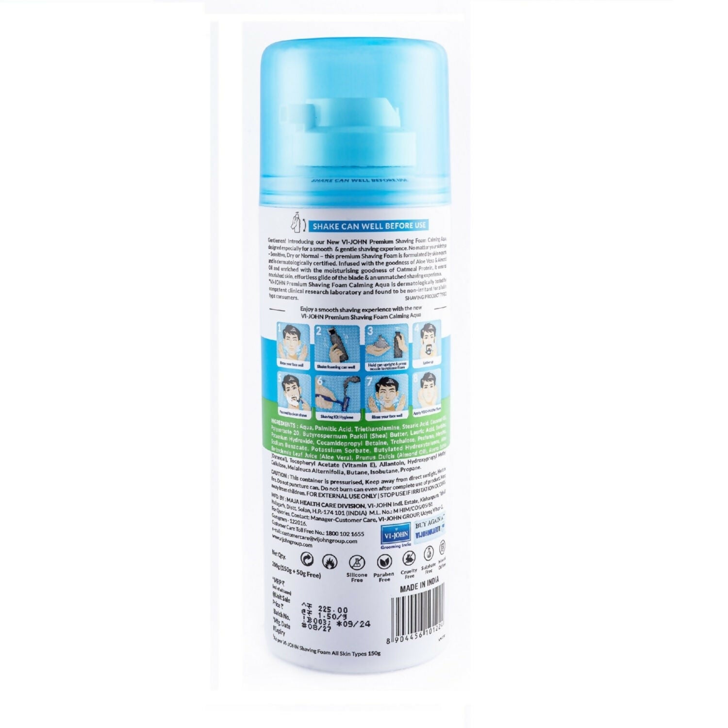VI-JOHN Dermatologically Tested Premium Claming Aqua Shaving Foam Enriched with Aloevera & Almond Oil Free From Silicone, Paraben & Mineral Oil