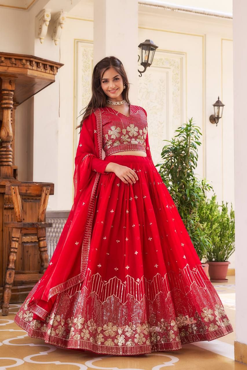Aastha fashion Red Heavy Fox Georgette lehanga blouse fabric Embroidery Sequence Work