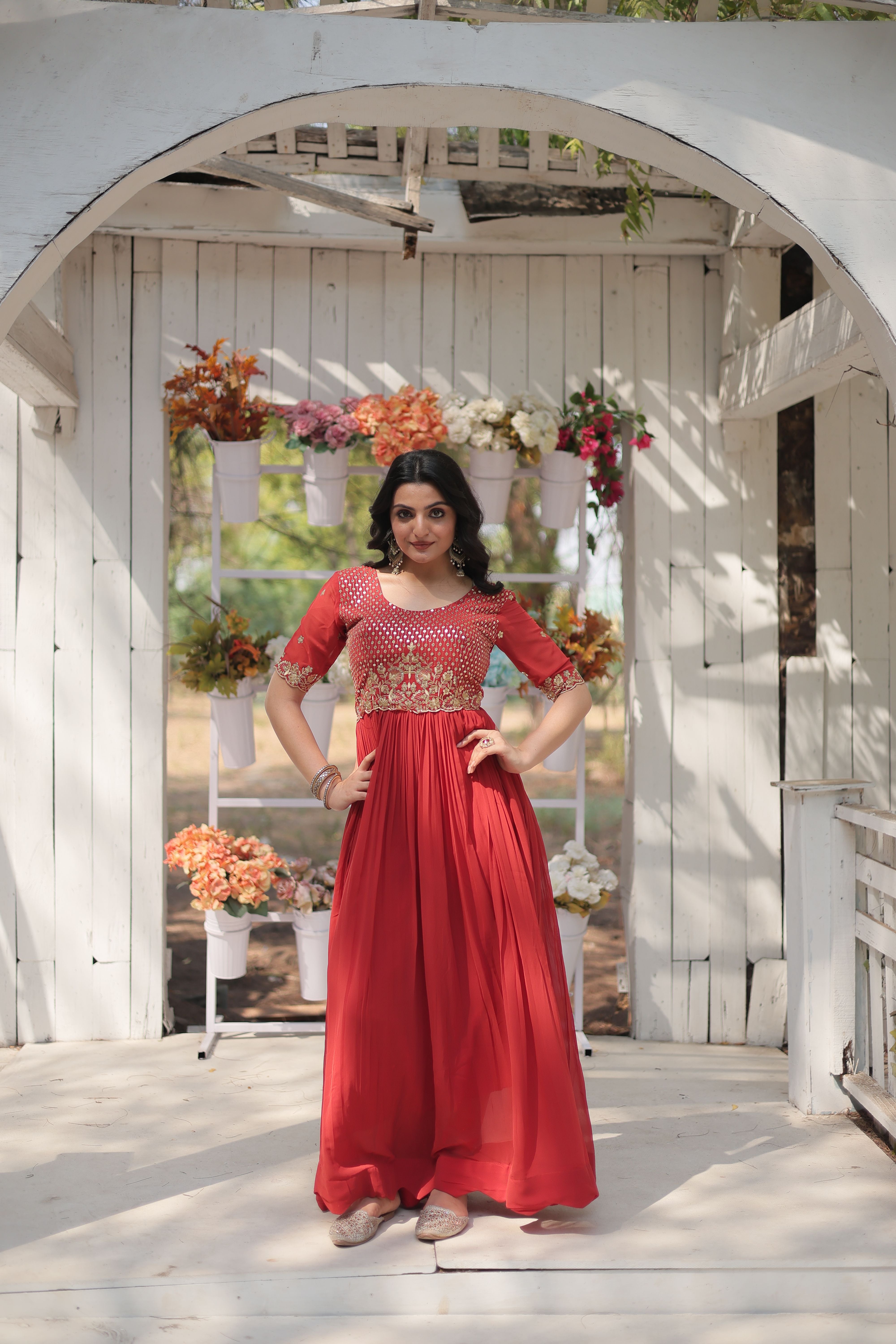 Aastha Orange with Gown Blooming Faux Georgette Embroidery Zari Sequins-work