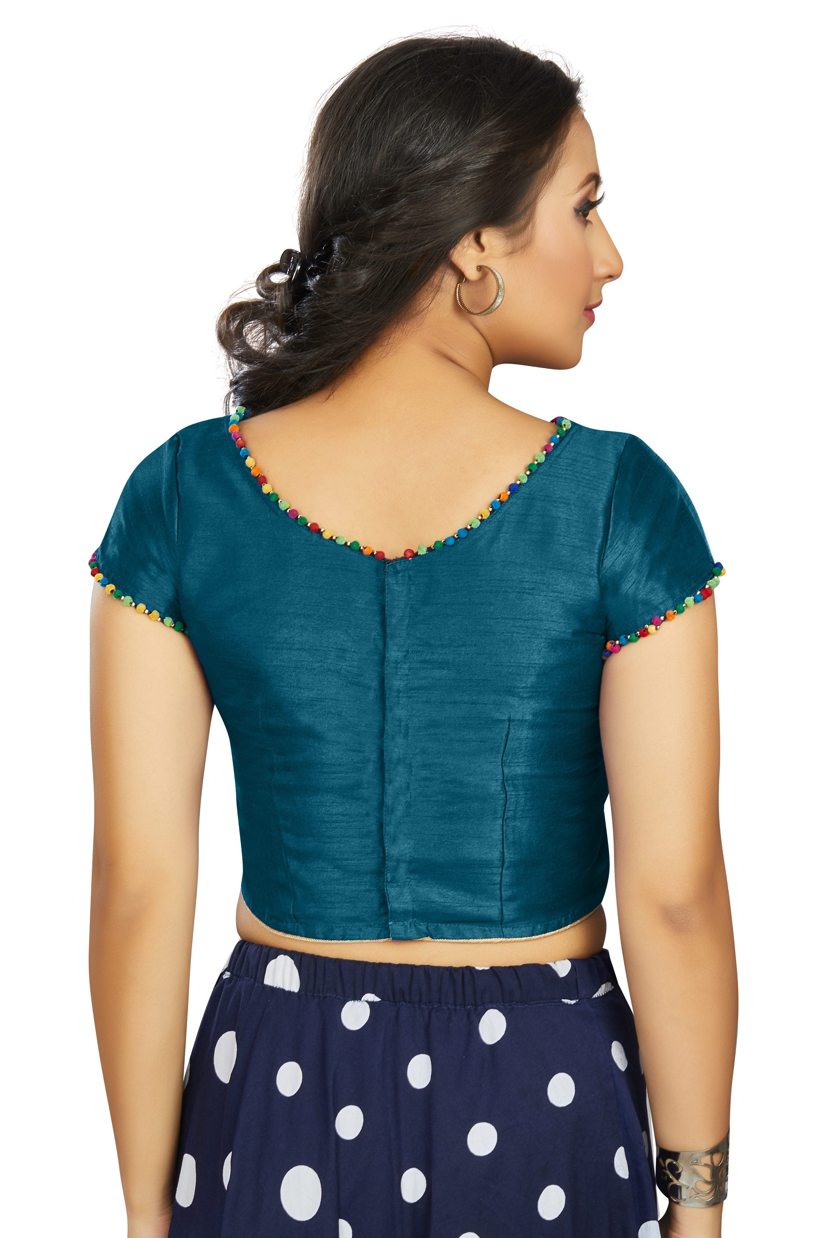Aastha fashion Teal Art Slik Boat Neck Blouse Work Plain