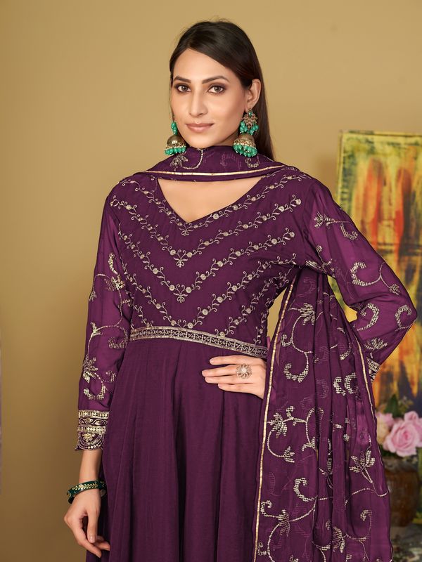 Aastha Purple with Net top fabric Georgette Crepe Net Bottom fabric