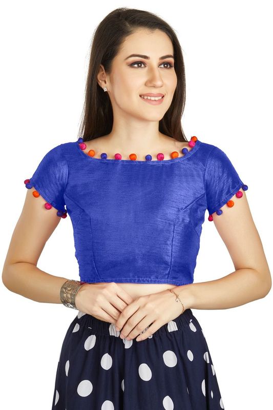 Aastha fashion Royal Blue Art Sleek Boat Neck Blouse Work Potli Design In Neck Or Sleeve