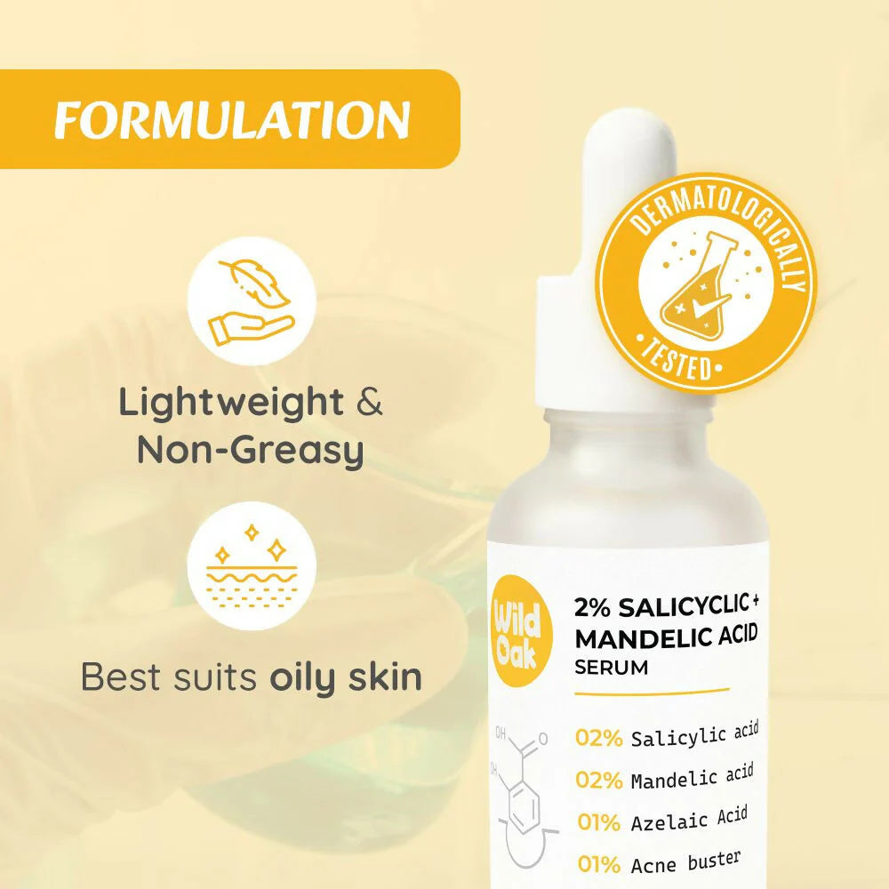 WildOak Anti Acne & Oil Control Face Serum | 3X Power of 2% Salicylic Mandelic & Azelaic Acid | Acne Buster | Anti-Acne Pore Cleansing & Skin Exfoliation | Face Serum for Men & Women | 30ml