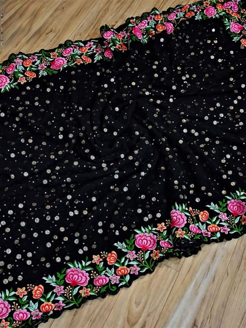 Aastha Black Soft Georgette Fabric with Banglori Blouse fabric Beautiful Sequance and multicoloured Embroidery work