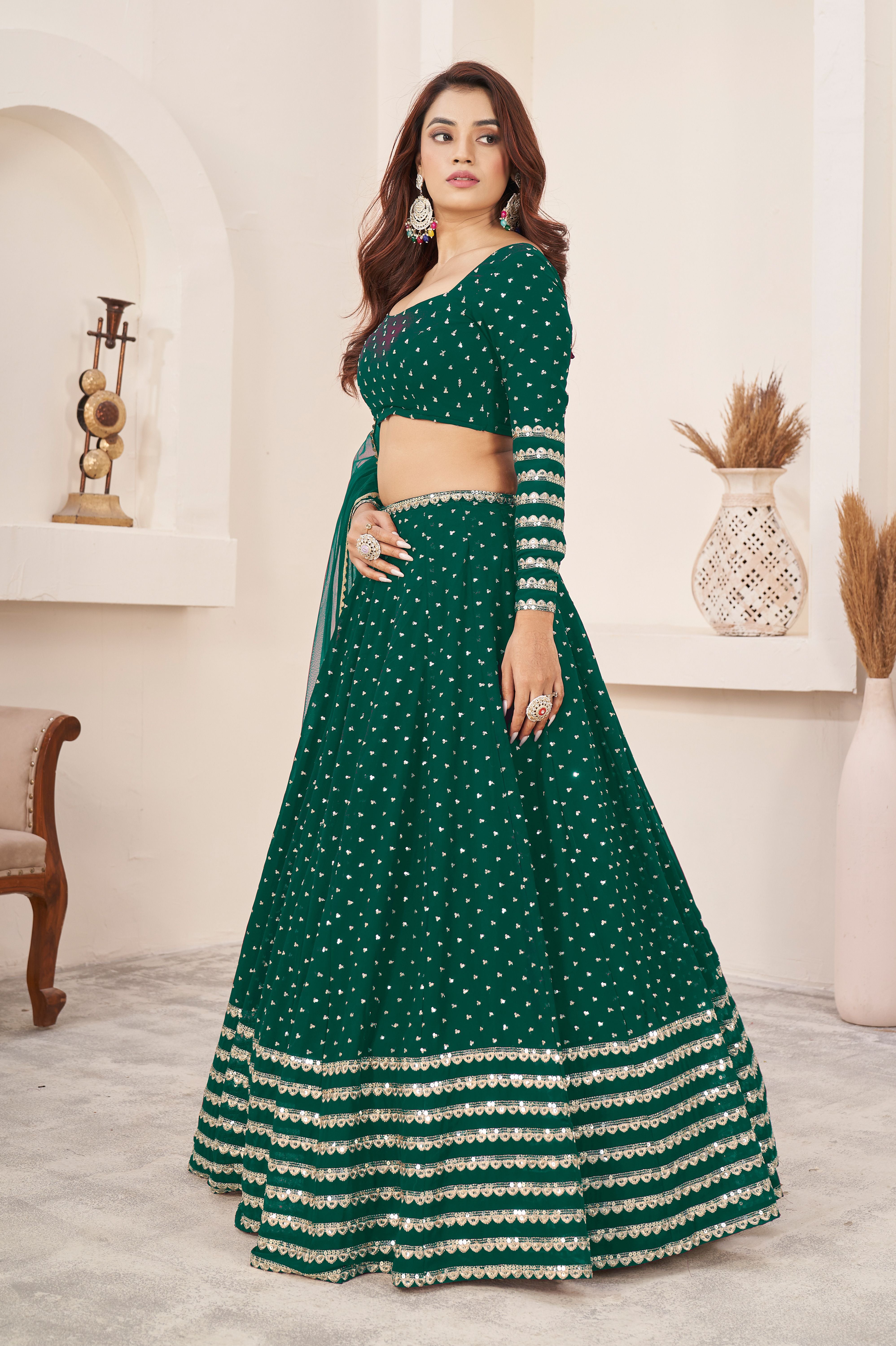 Aastha fashion green georgrtte lehanga blouse fabric Sequins Zari Embroidered Work