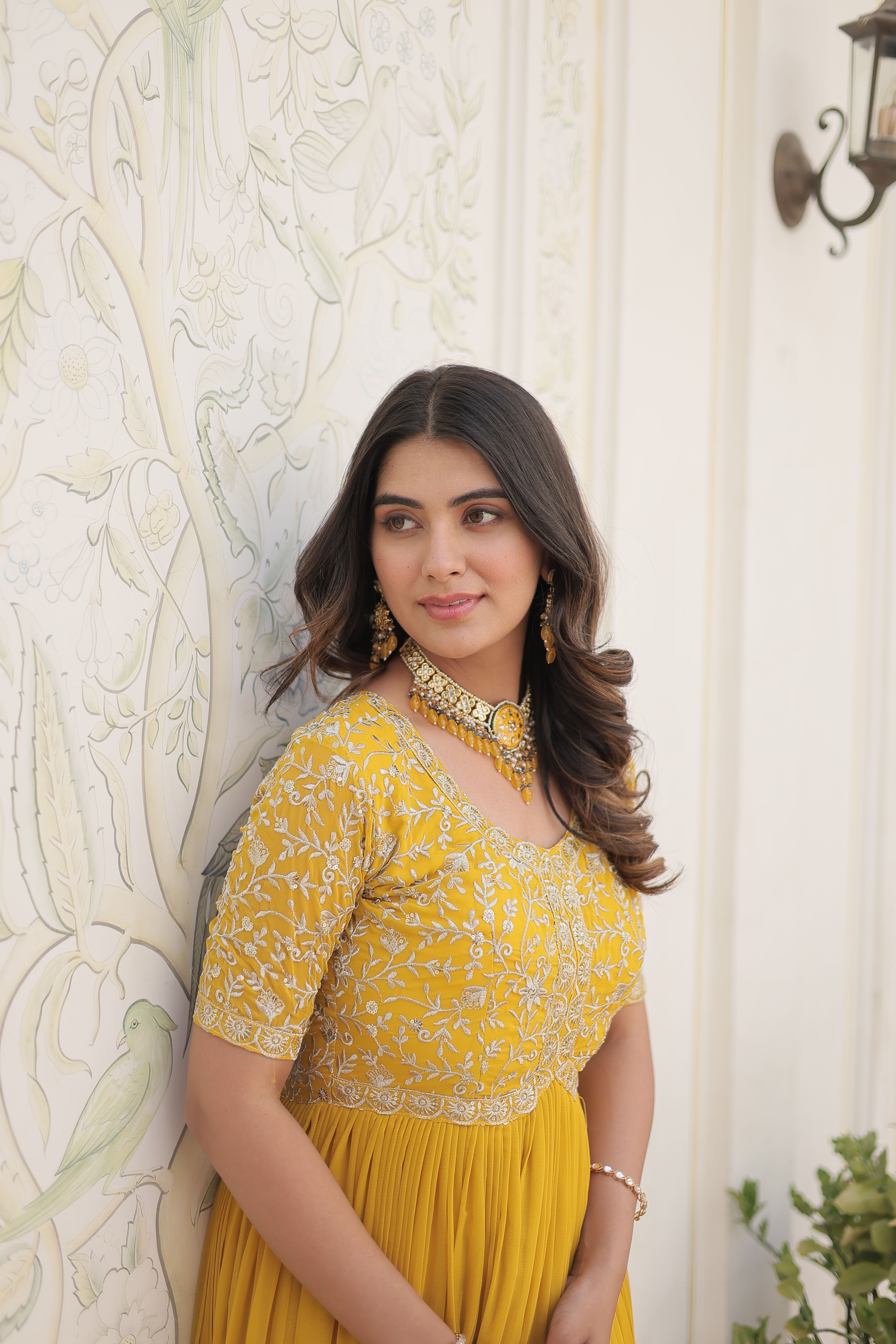 Aastha Yellow Faux Blooming with Gown fabric Embroidery Zari Sequins-work