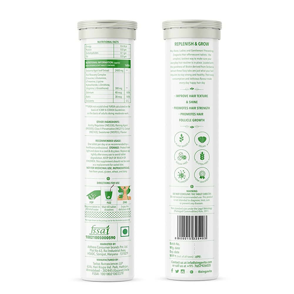 Zingavita Happy Hair Biotin Effervescent Tablets (Green Apple Flavor) Sugar Free
