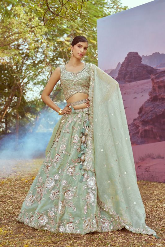Aastha fashion Limegreen Oreganza lehanga blous Embroidery Work