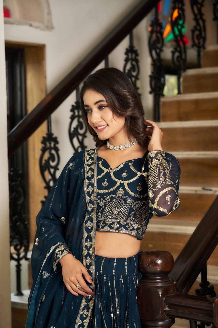 Aastha fashion Teal Heavy Fox Georgette lehanga blouse 5mm Embroidery Sequence Work