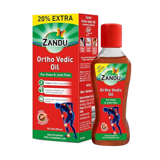 Zandu Ortho Vedic Oil bottle and packaging on a white background