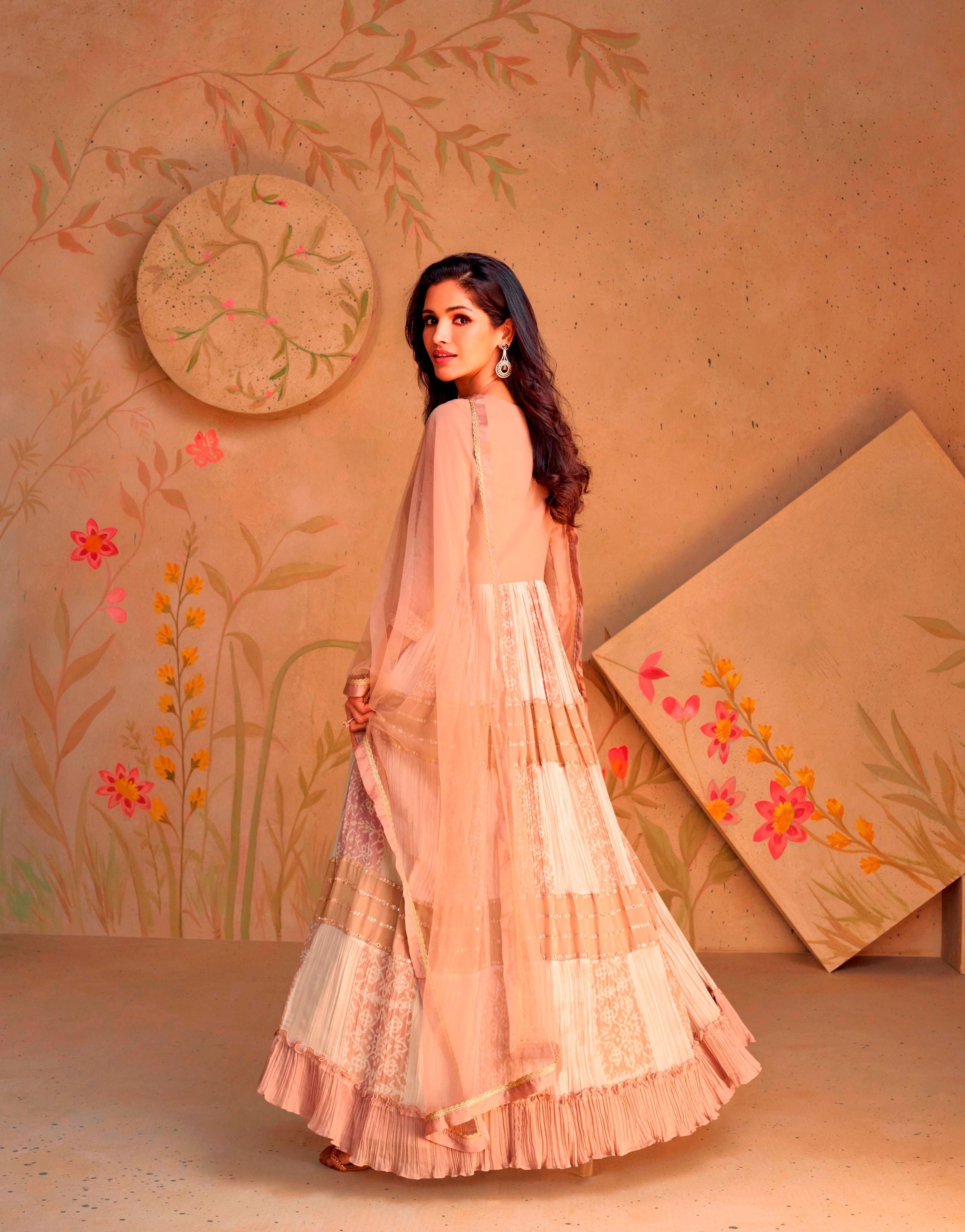 Aastha Beige with Net top fabric Georgette Crepe Net Bottom fabric