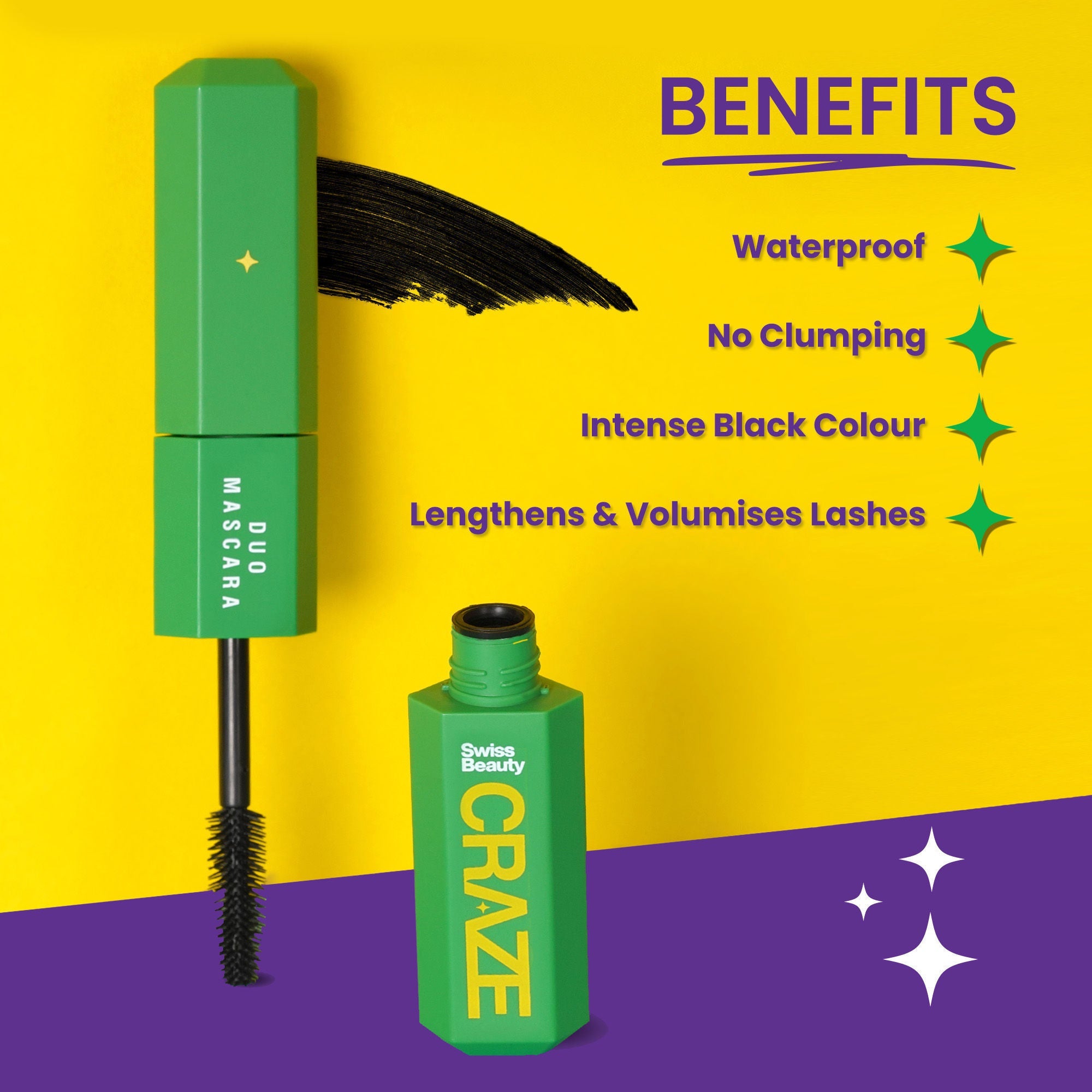 Swiss Beauty CRAZE Duo Mascara Volumizes and Lengthens Lashes With Non- Flaking Finish - Black