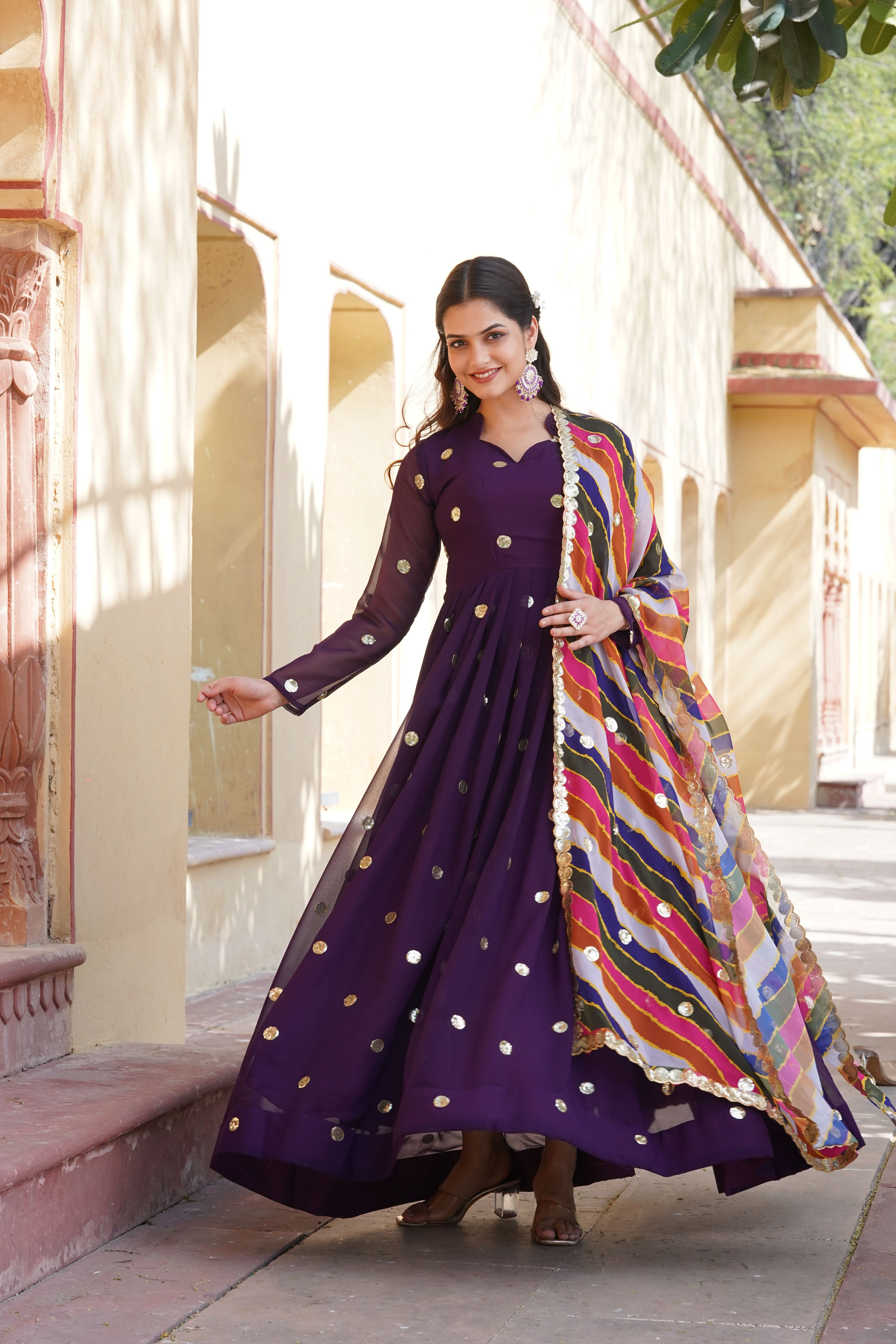 Aastha Purple Faux Georgette with Gown fabric Printed