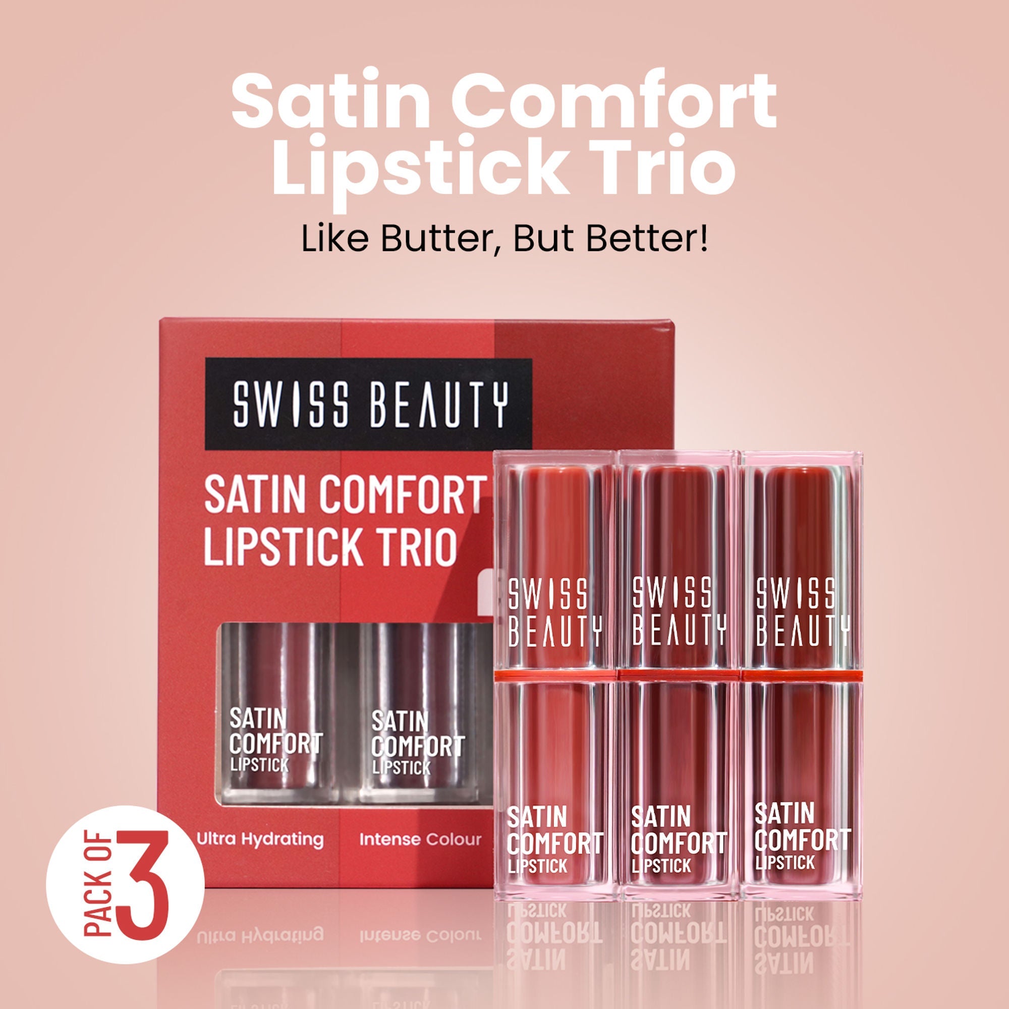 Swiss Beauty Satin Comfort Lipstick Trio 3-In-1 Combo - Nude And Brown