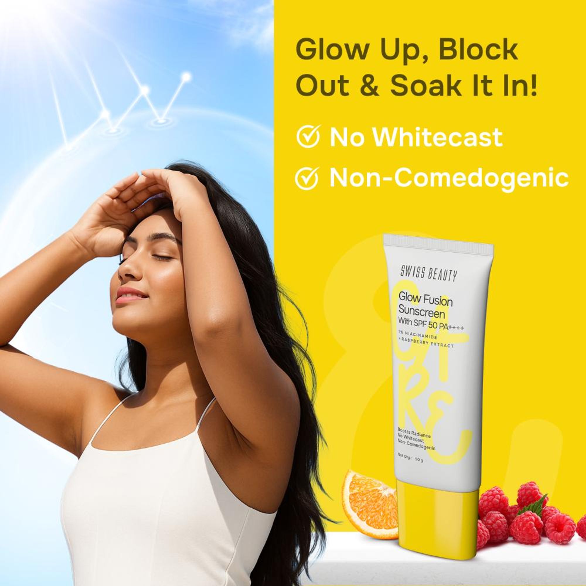 Swiss Beauty Care Glow Fusion Sunscreen SPF 50 PA++++ - 1% Niacinamide & Raspberry Extract