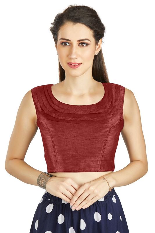 Aastha fashion Maroon Art Silk Pleated Boat Neck Blouse Work Plain
