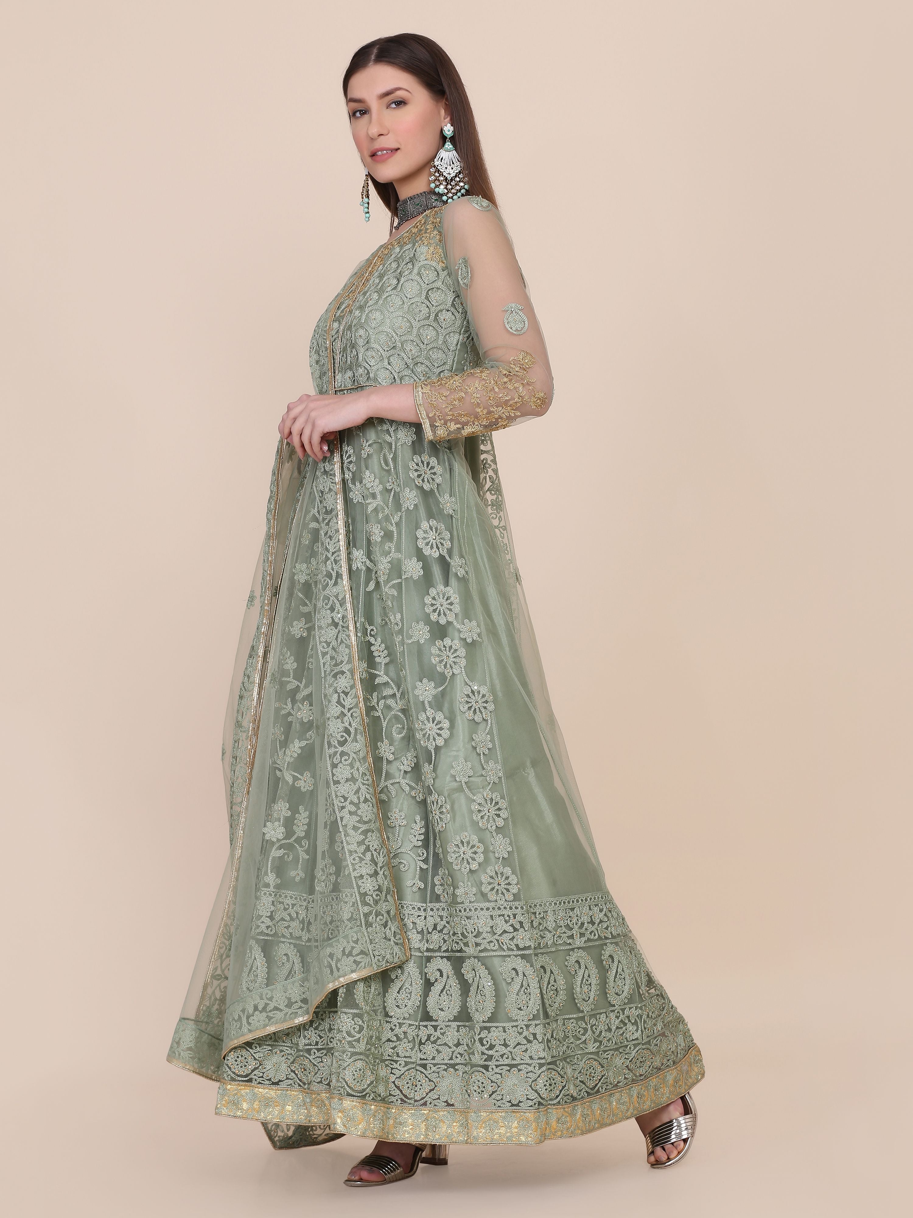 Aastha Light Freen Dupatta with Net top fabric Crepe Bottom fabric
