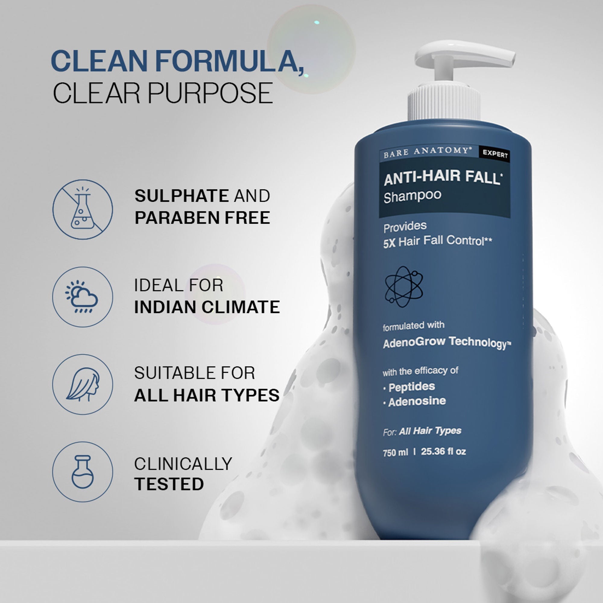 Bare Anatomy Anti-Hair Fall Shampoo 5X Hair Fall Control With Peptides