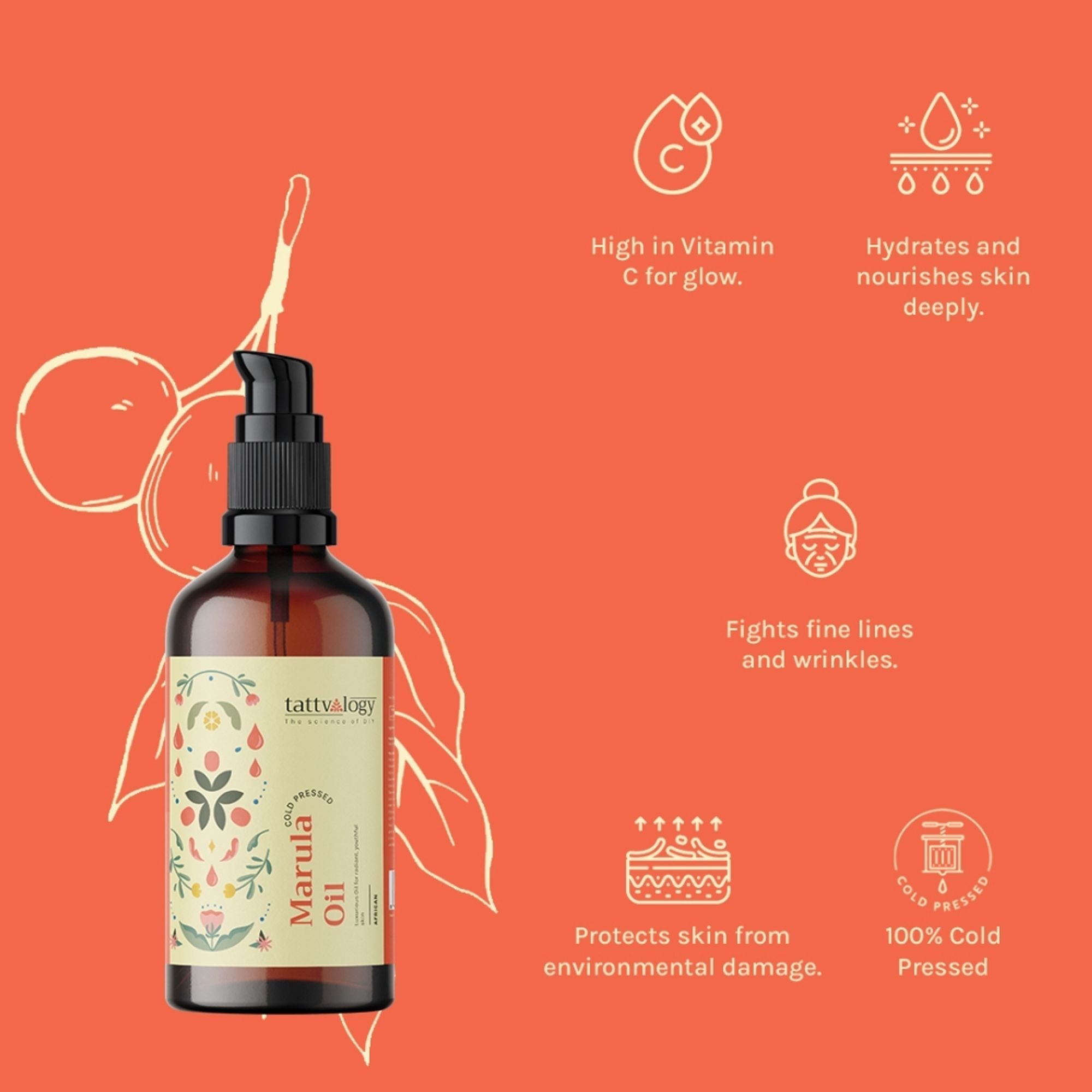 Tattvalogy African Marula Oil - Pure, Hydrates, Reduces Wrinkles & Boosts Radiance for Glowing Skin