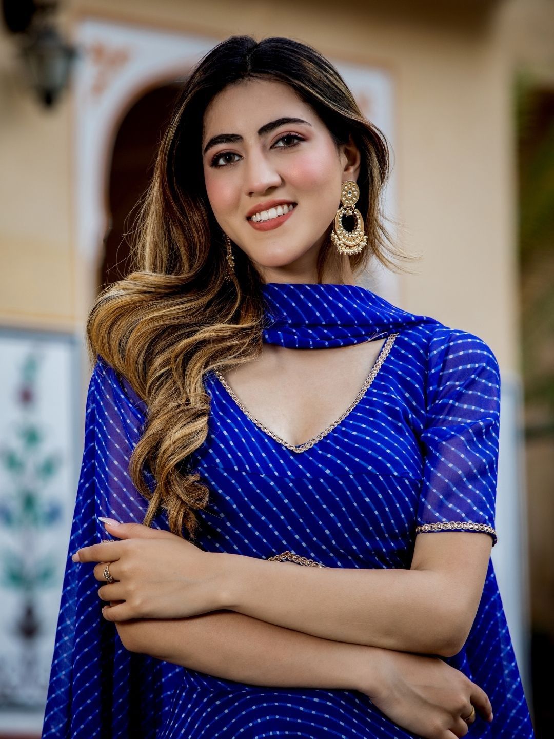 Aastha fashion Blue Georgette lehanga blouse fabric Zari and Cording Lace work with Leheriya Print