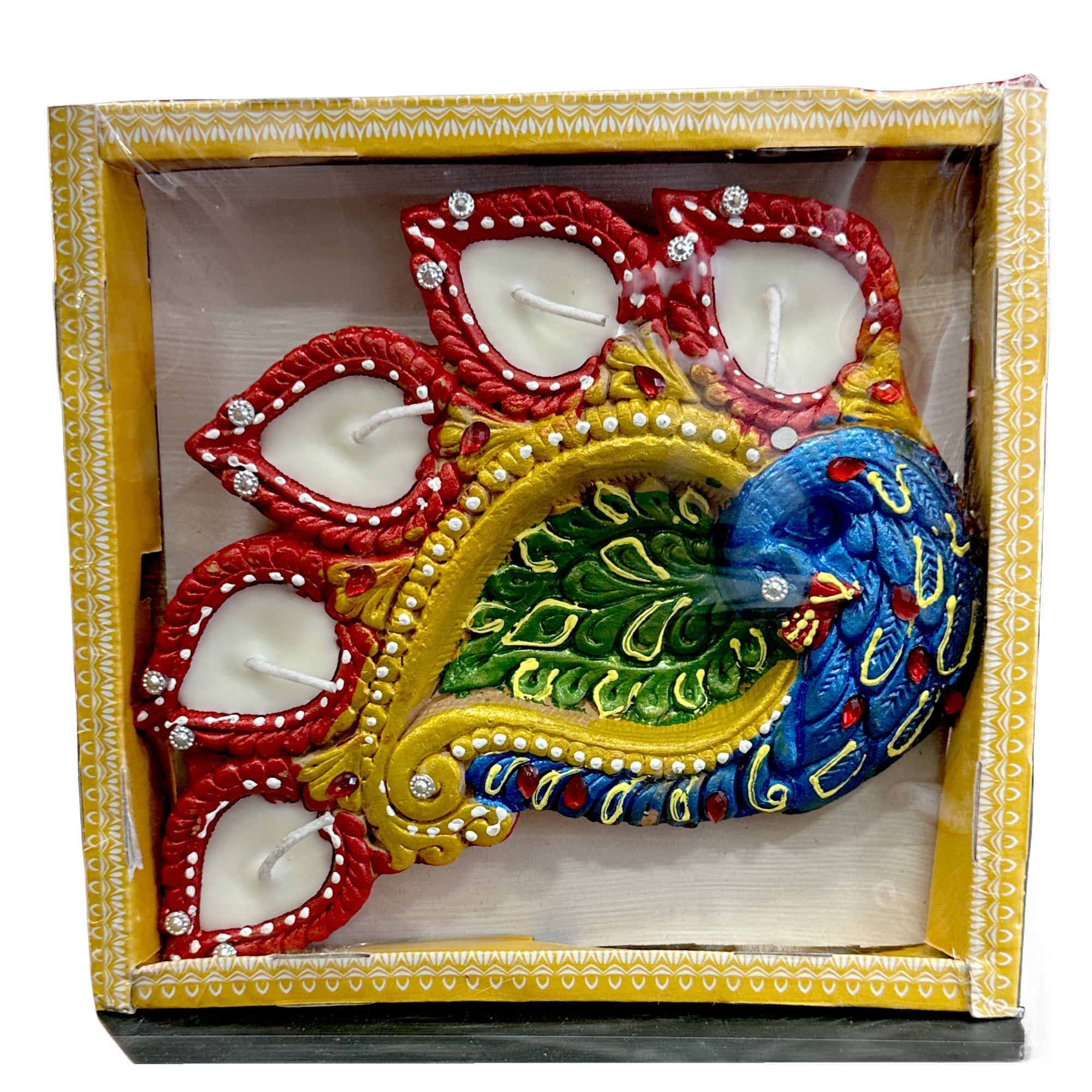 Divine Colourful 5 Diya Plate (Peacock Shape) With Wax