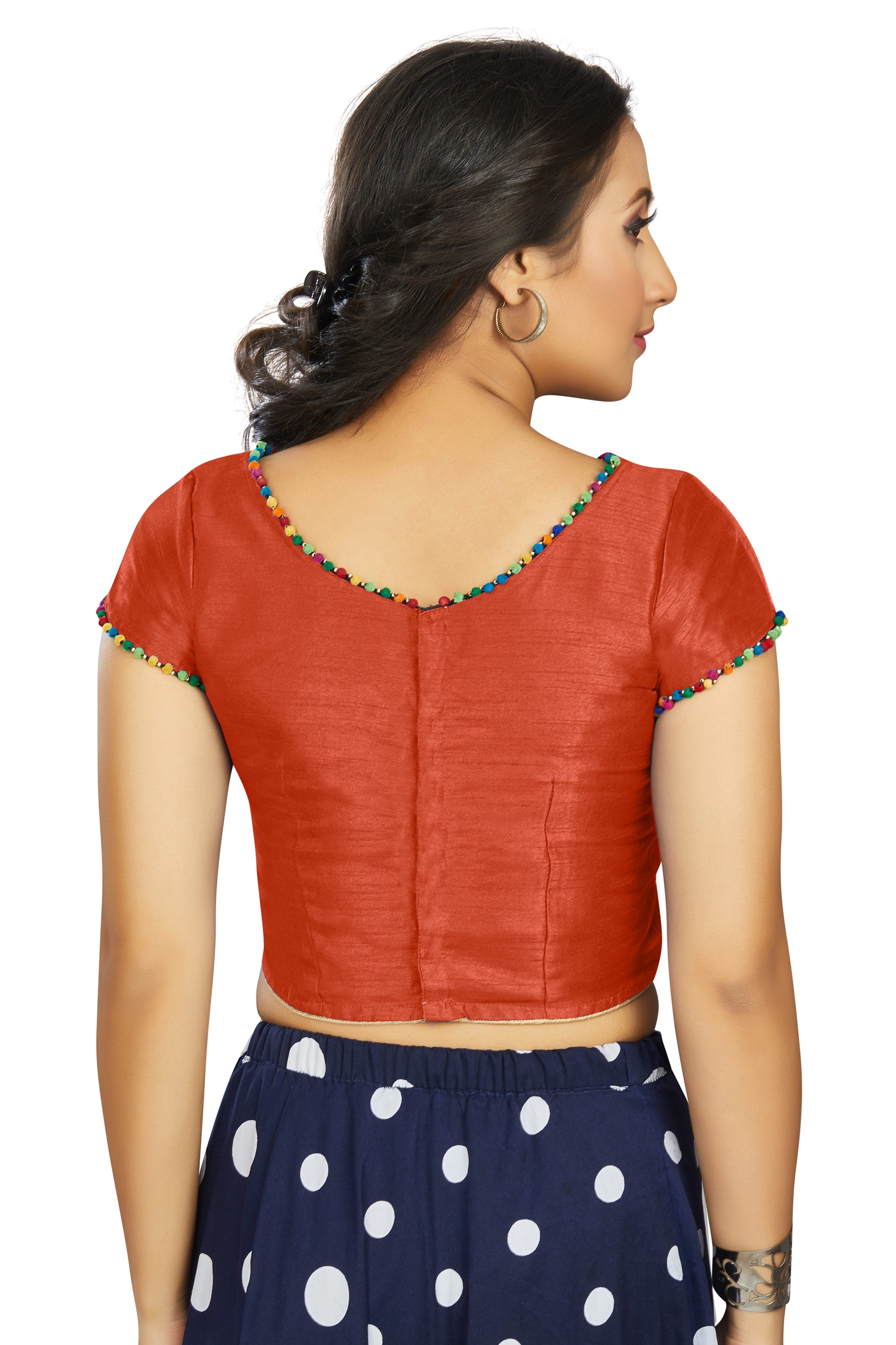 Aastha fashion Orange Art Slik Boat Neck Blouse Work Plain