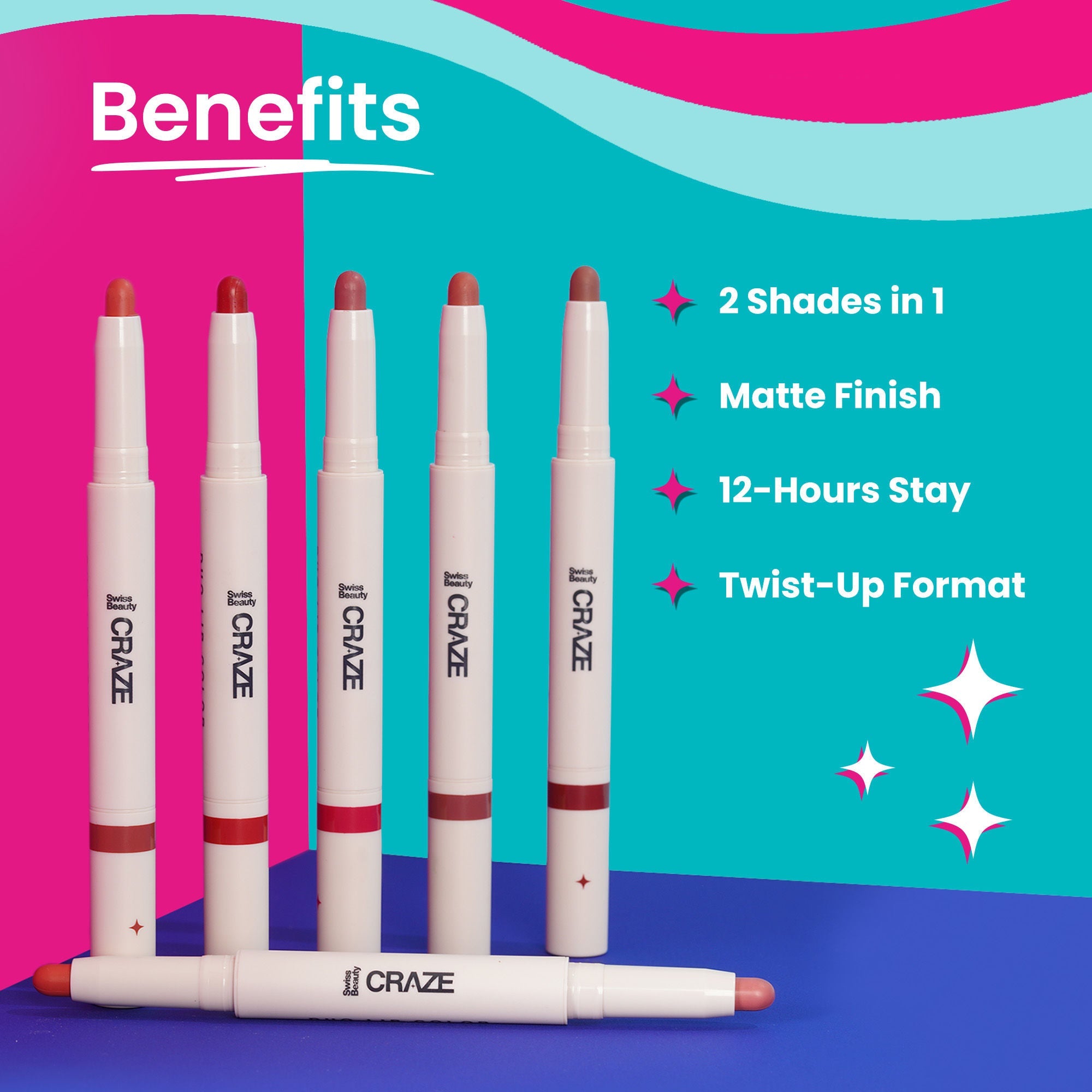 Swiss Beauty CRAZE Duo 2 In 1 Satin Matte Finish Lipstick Non-Transfer Lip Colour - 03 Choco Spice