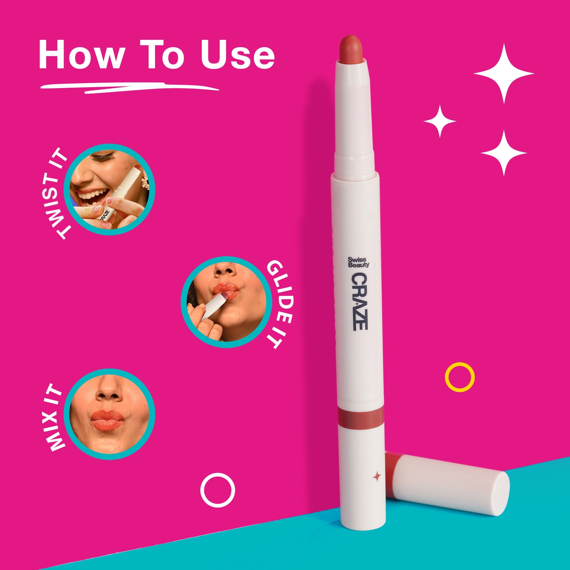 Swiss Beauty CRAZE Duo 2 In 1 Satin Matte Finish Lipstick Non-Transfer Lip Colour - 05 Peach Me Pink