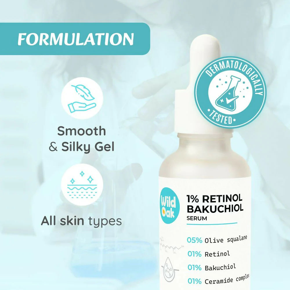 WildOak 1% Retinol Bakuchiol Face Serum | Anti-Aging Brightening & Skin Texture Improvement | Boosts Collagen & Restoration | With Ceramides & Olive Squalane | Face Serum for Women & Men | 30ml