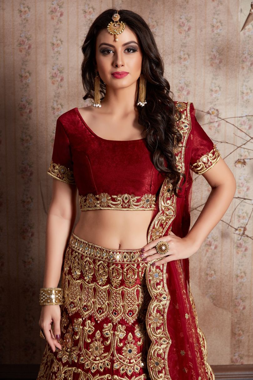Aastha fashion Red Velvet lehanga blouse Zari, Dori and 3MM Sequence Embroidered - Prithvi Mart