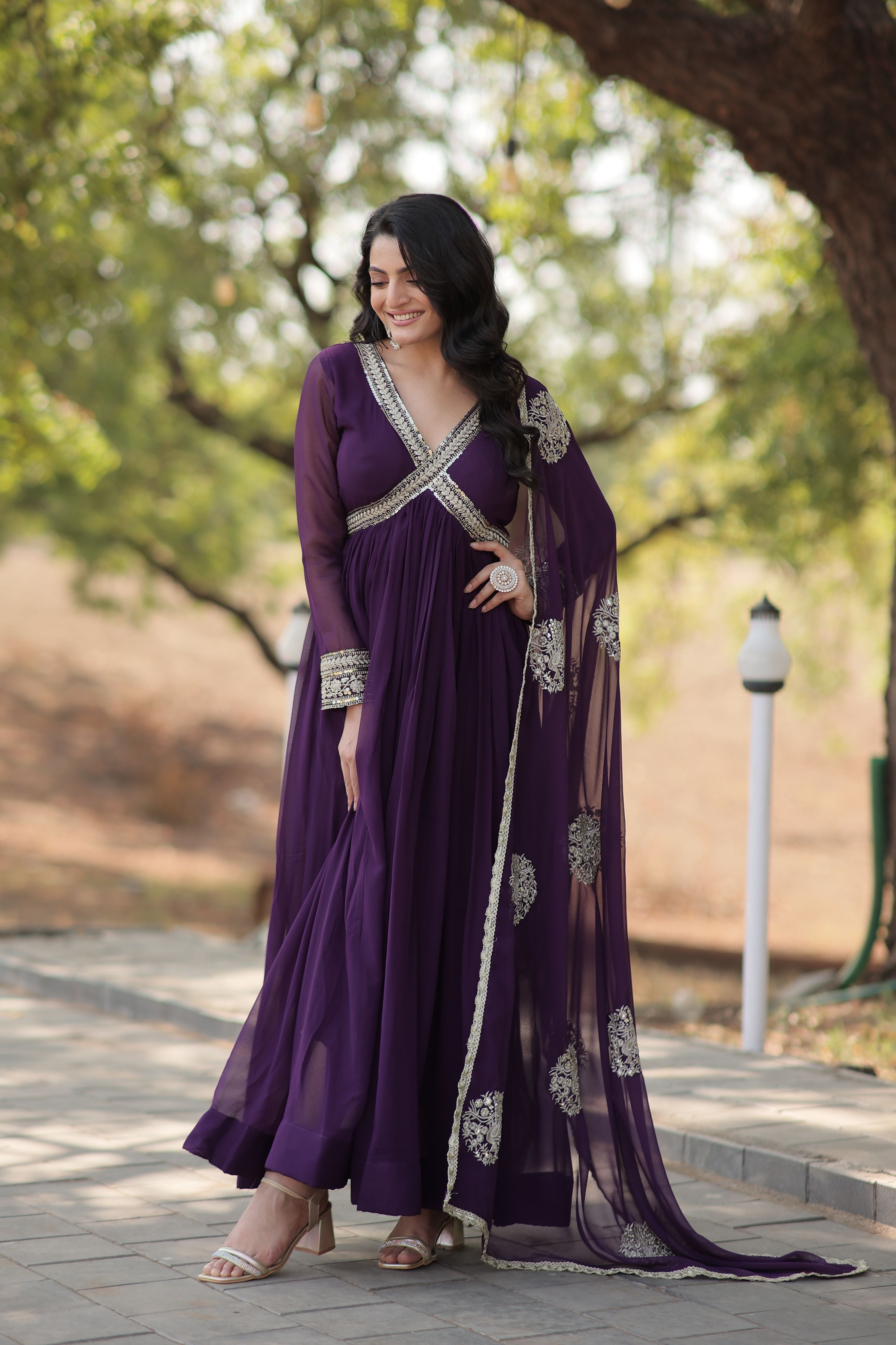 Aastha Purple with Gown Blooming Faux Georgette Embroidery Zari Sequins-work