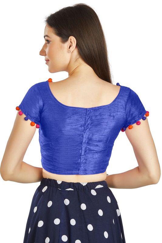 Aastha fashion Royal Blue Art Sleek Boat Neck Blouse Work Potli Design In Neck Or Sleeve