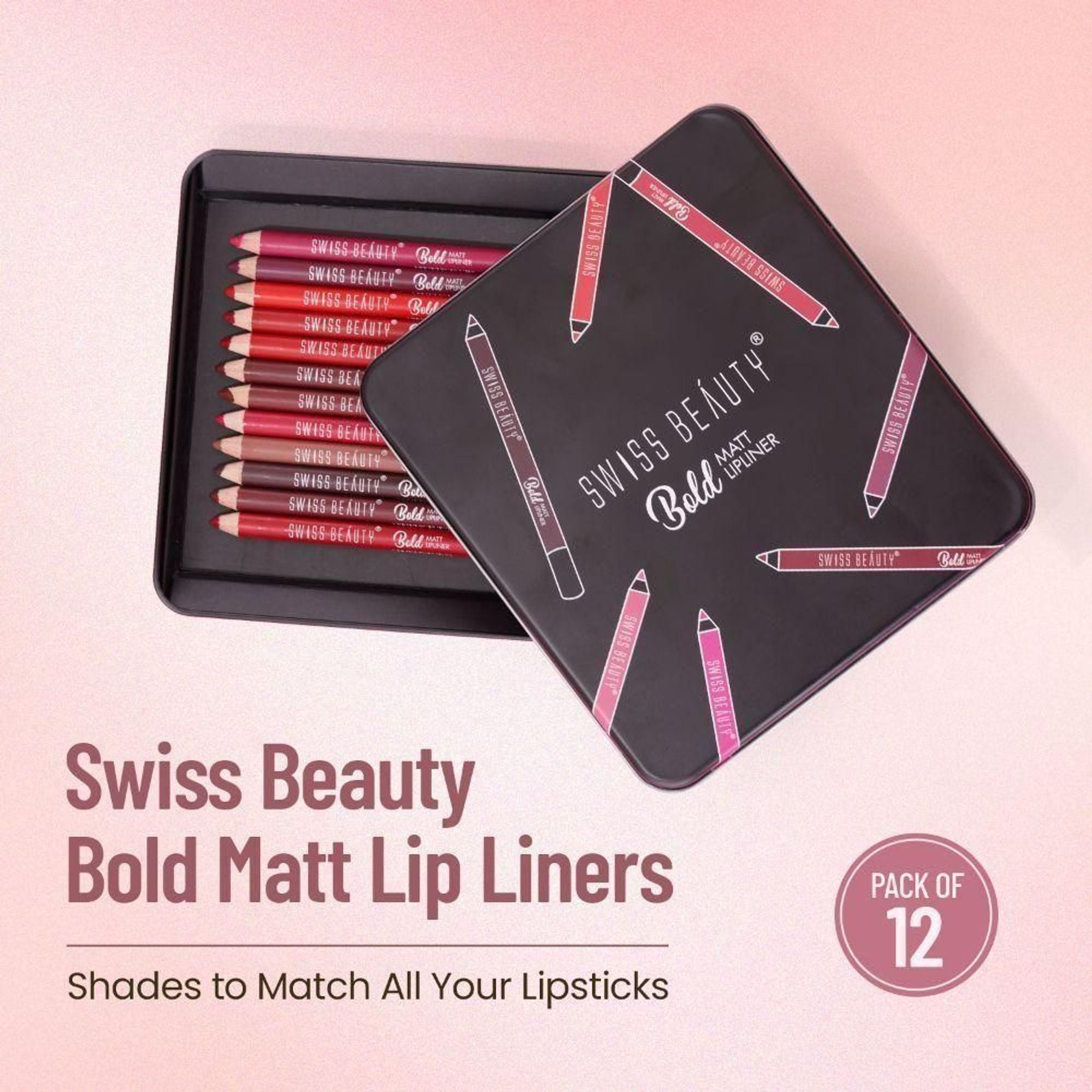 Swiss Beauty Bold Matt Lip Liner Pencil, Long-lasting , Matte Finish , Non-Drying - Pack of 12