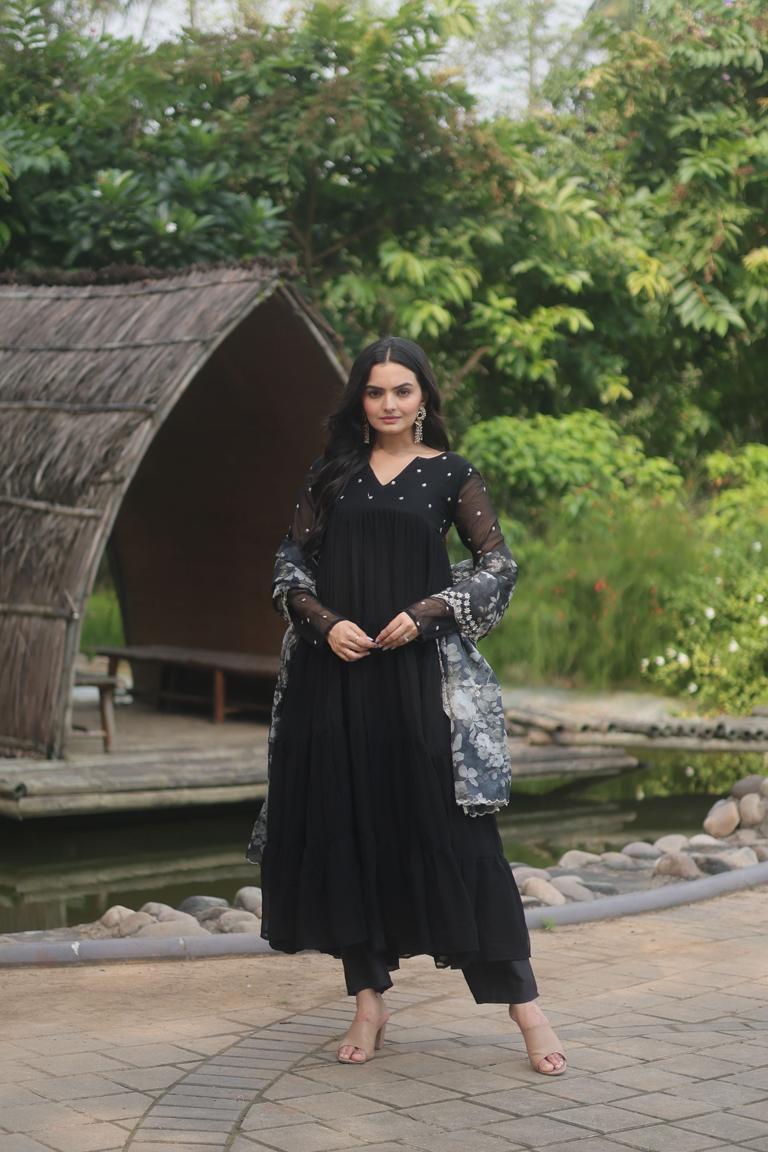 Aastha Black Faux Bloomin Soft organza with Gown Embroidered Work