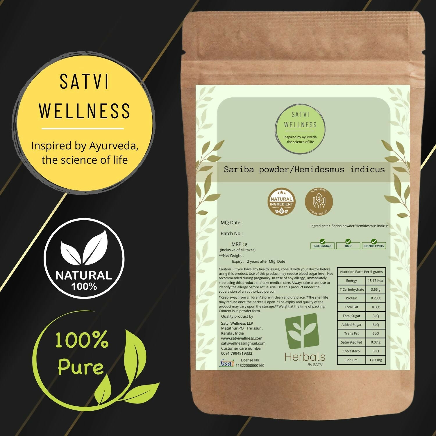 Satvi Wellness Sariba Powder | Hemidesmus Indicus | Herbal Tea