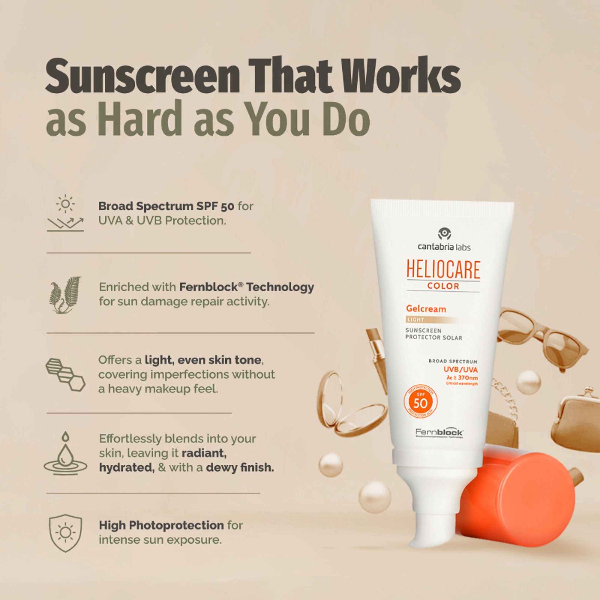 Heliocare Color Gel Cream Tinted Sunscreen SPF 50 Uva & Uvb Protection, No White Cast, Dewy Finish
