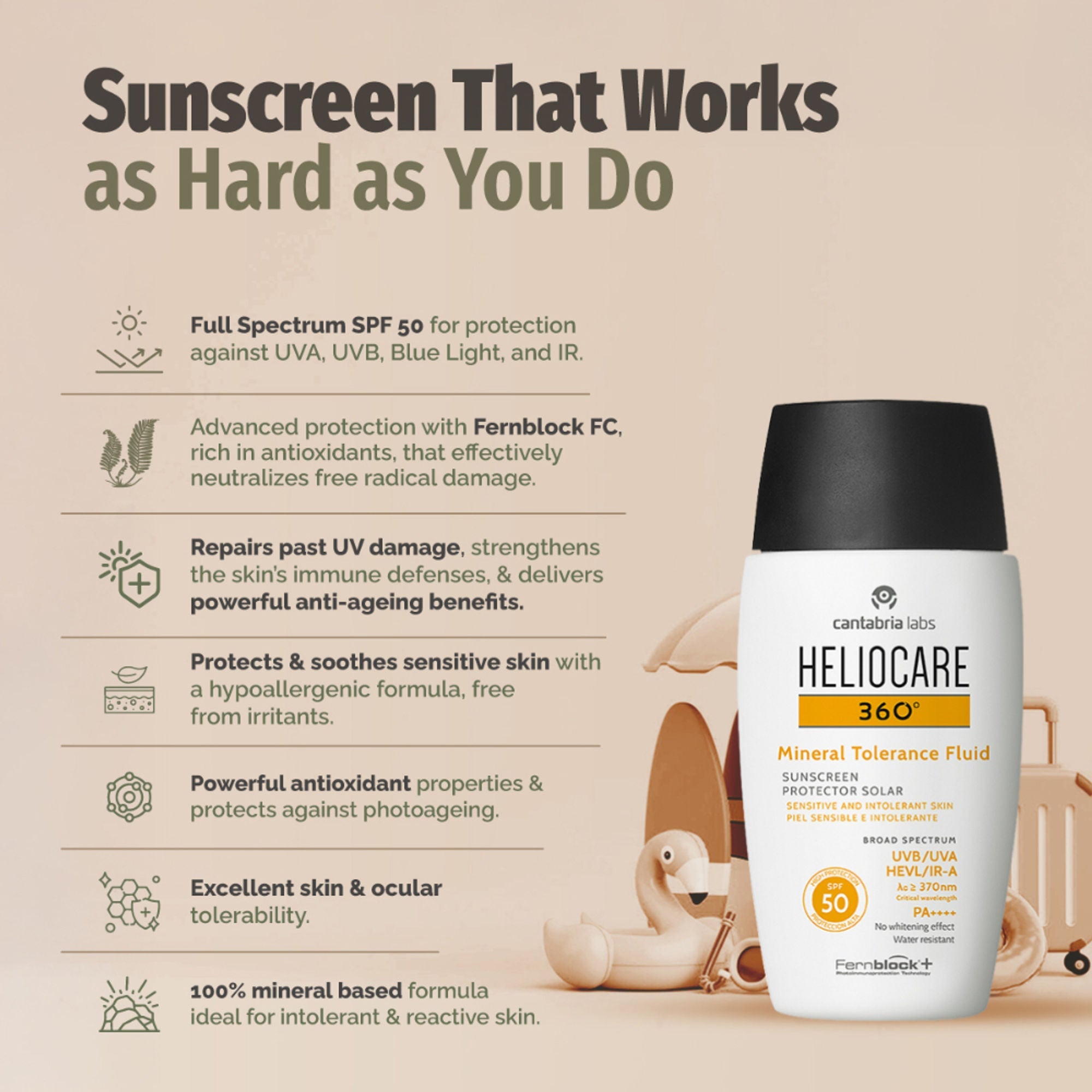 Heliocare Mineral Tolerance Fluid Sunscreen SPF 50 Pa++++ 100% Mineral, Vit C & E Sensitive Skin