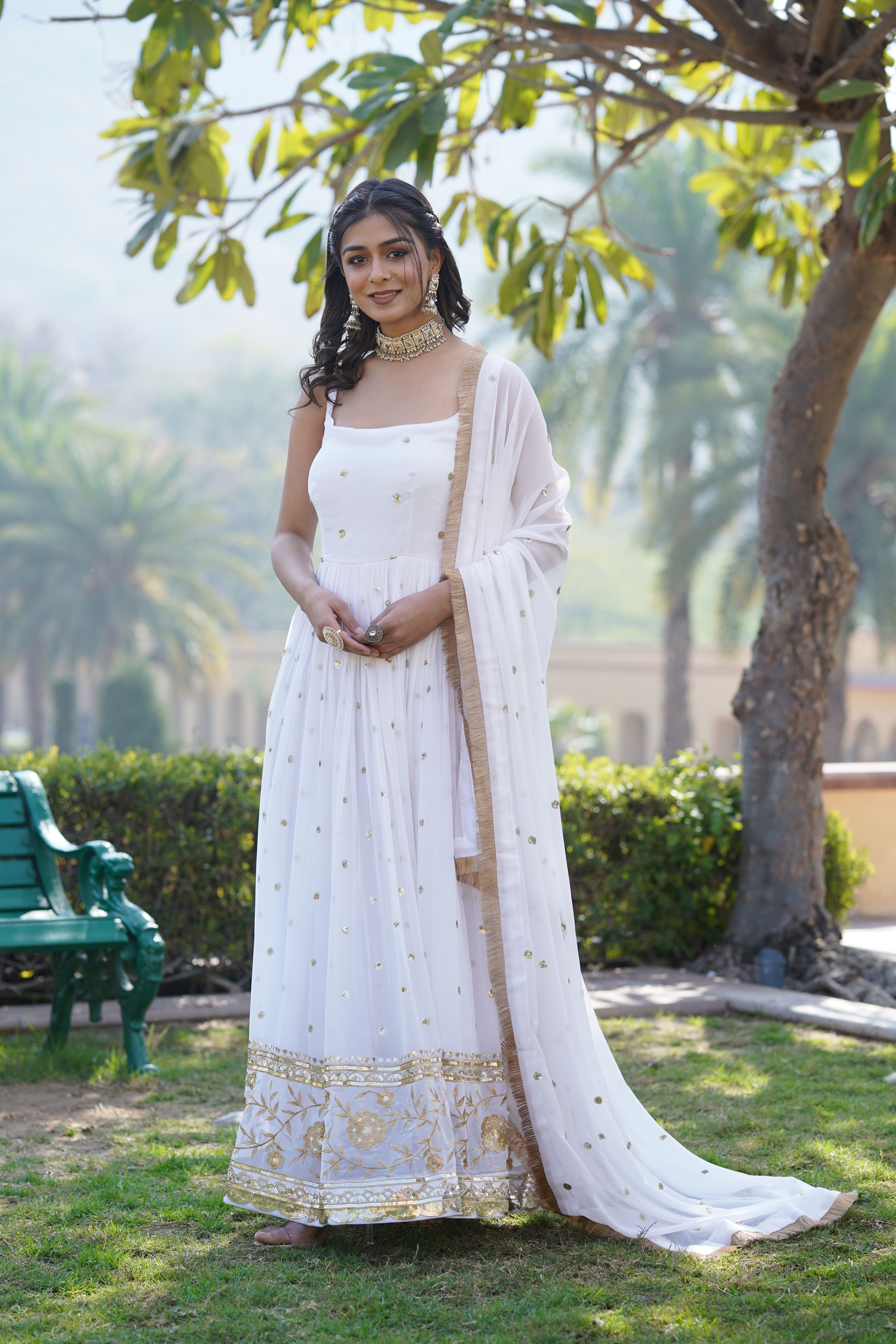 Aastha White Faux Georgette with Gown fabric Printed