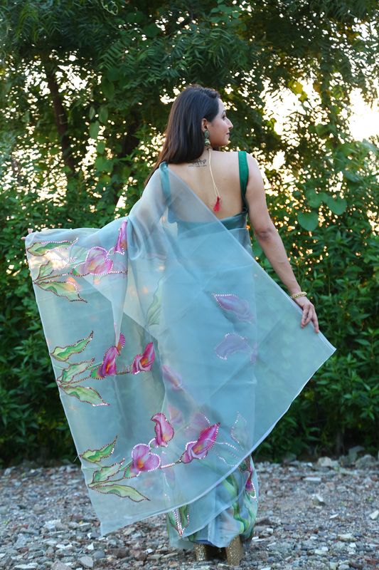 Aastha Green Soft Organza Beautiful floral print work