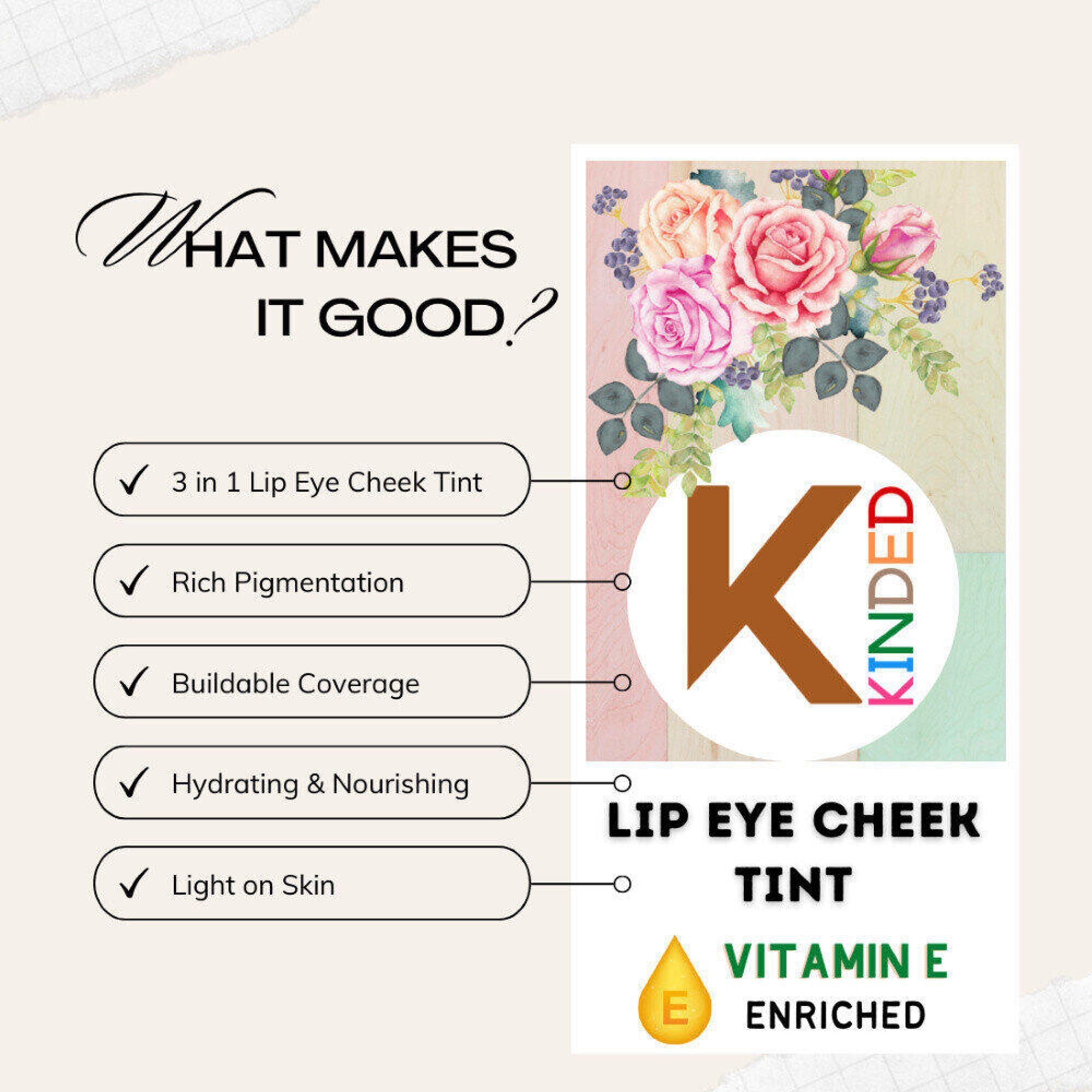 KINDED Lip, Eye & Cheek Tint with Vitamin-E Enriched - 04 Brick Red