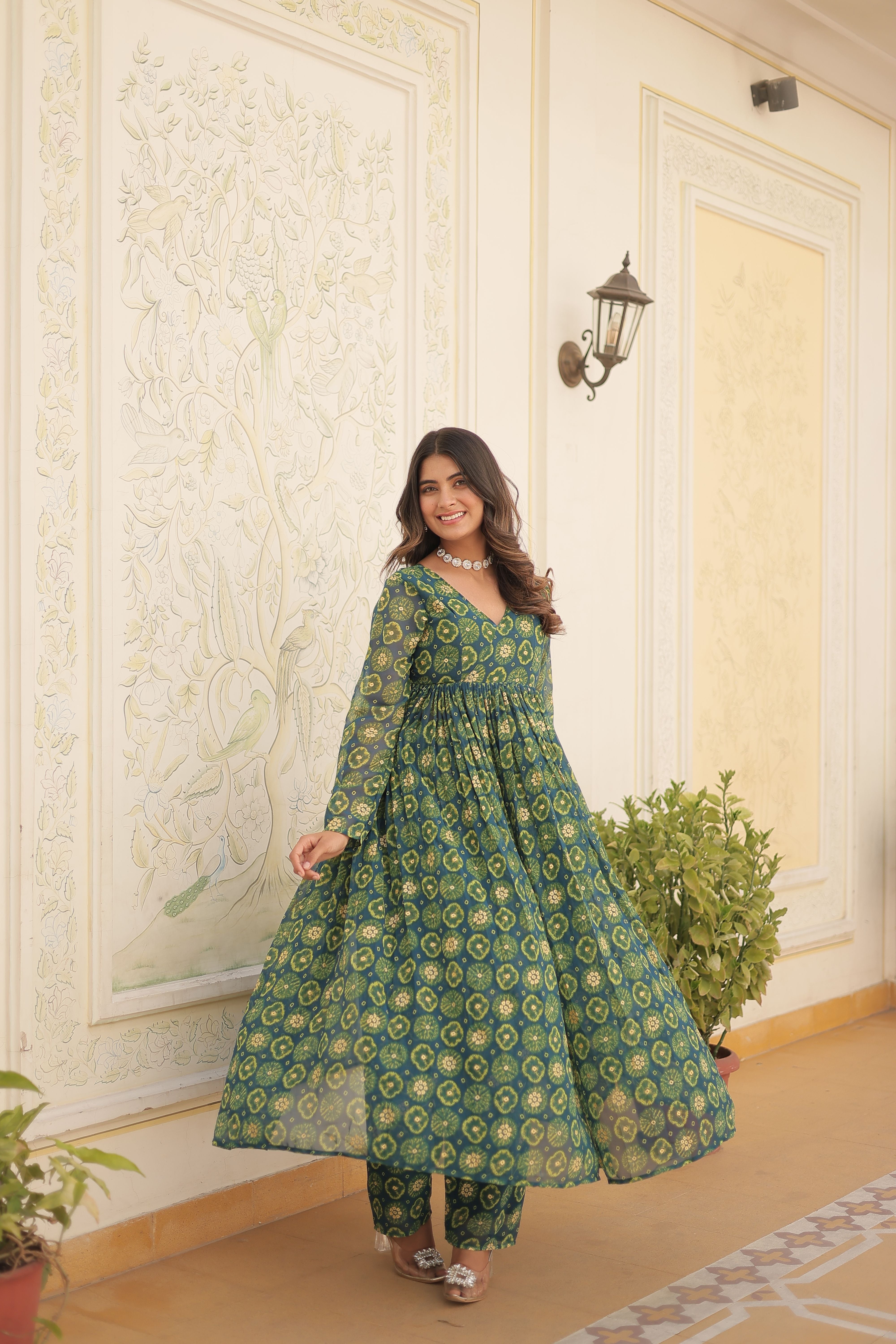 Aastha Green Faux Georgette with Gown fabric