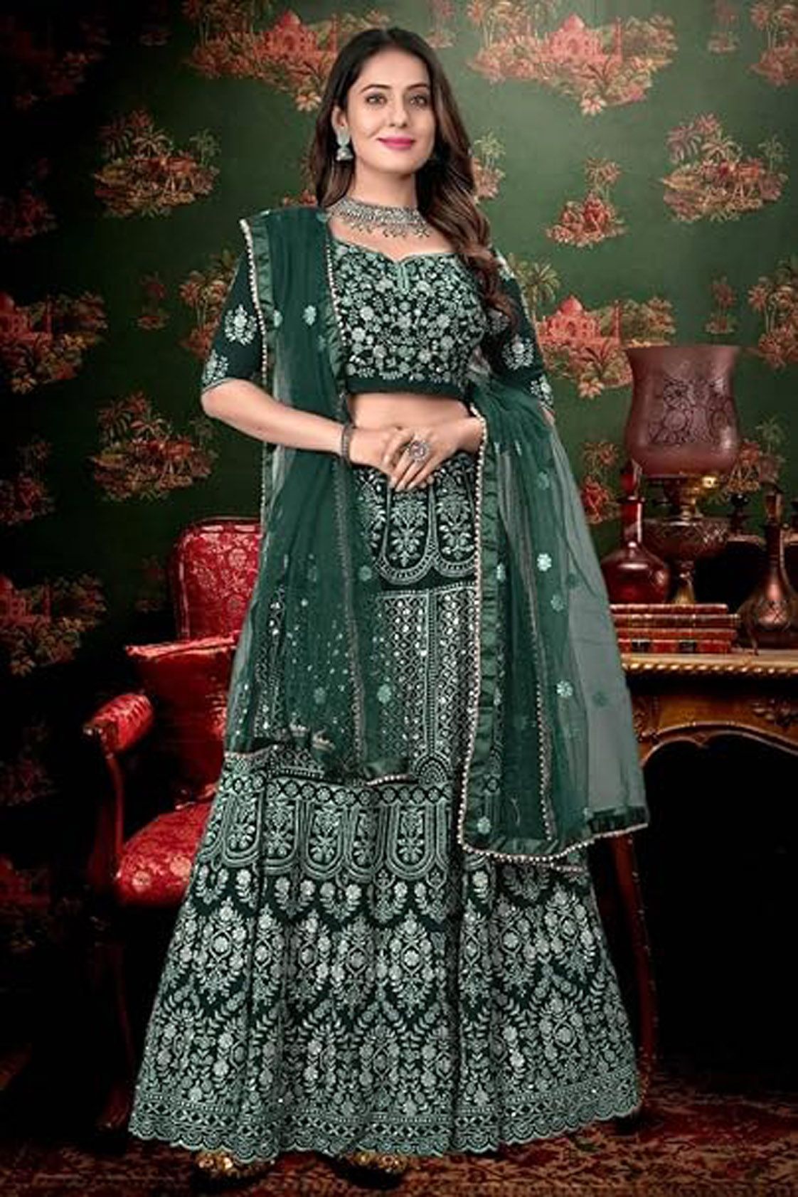 Aastha fashion off green Lehenga Choli with faux georgette blouse fabric