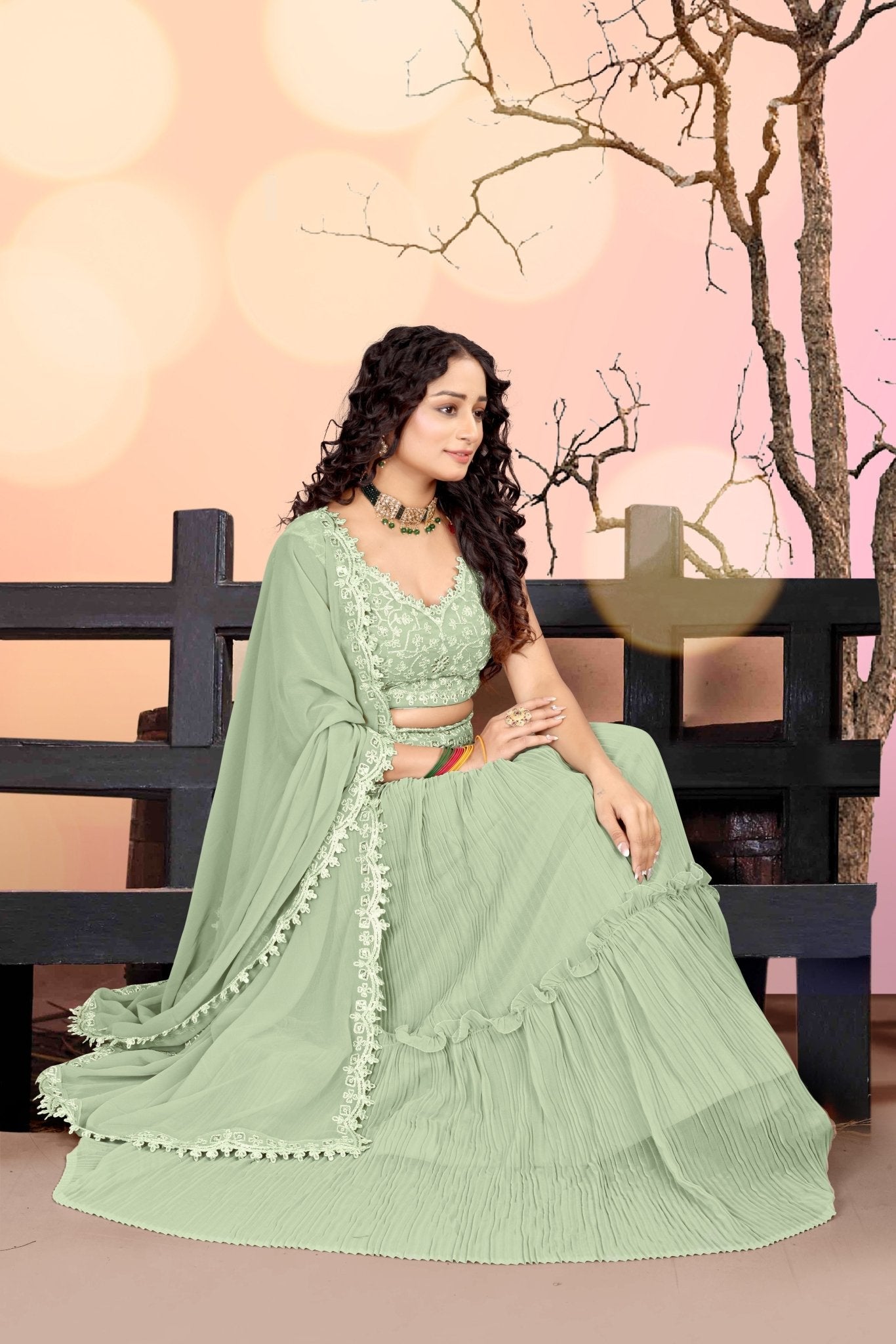 Aastha fashion Sea green Georgette lehanga blouse Embroidered work - Prithvi Mart