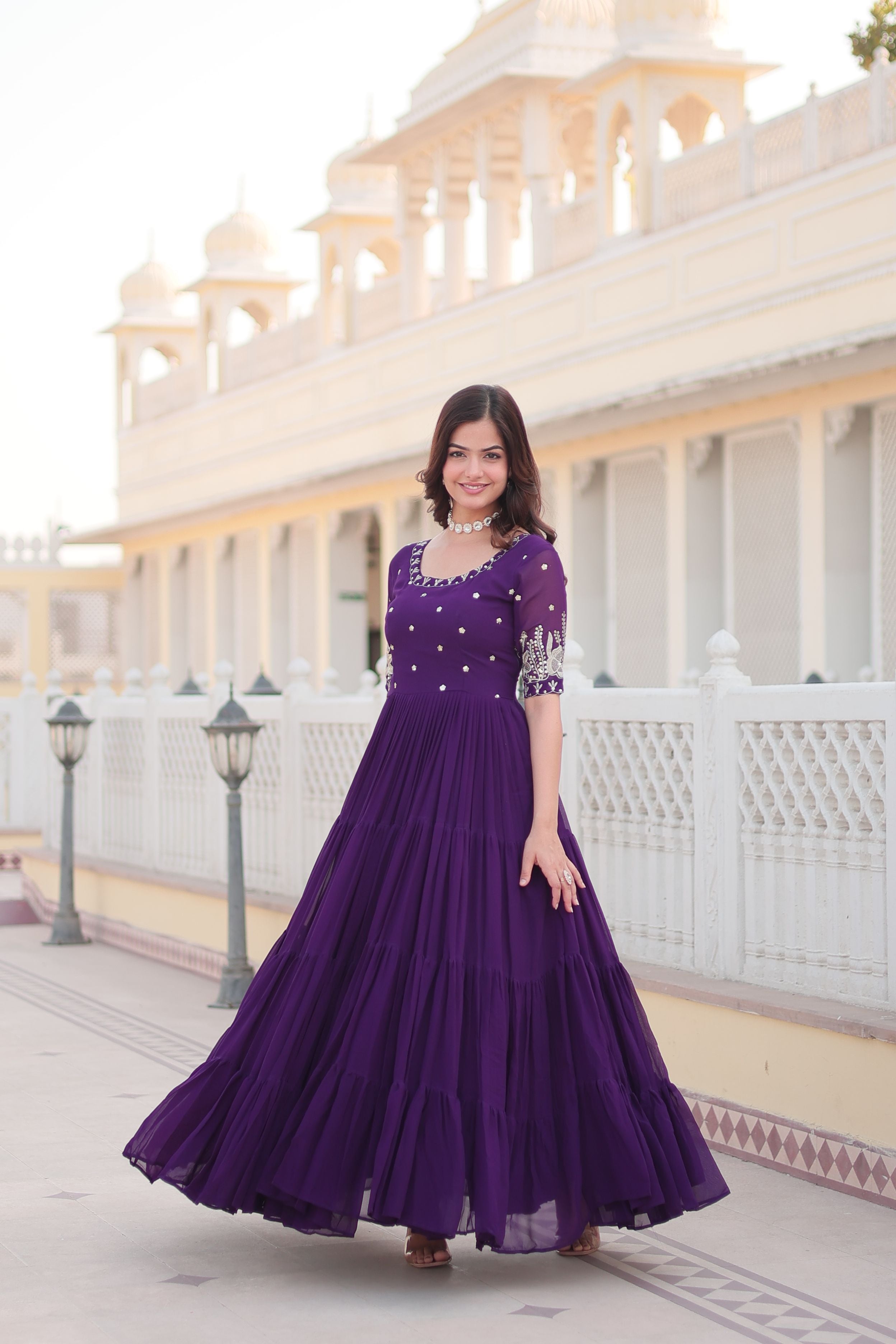 Aastha Purple Faux Georgette with Embroidery Zari Sequins-work